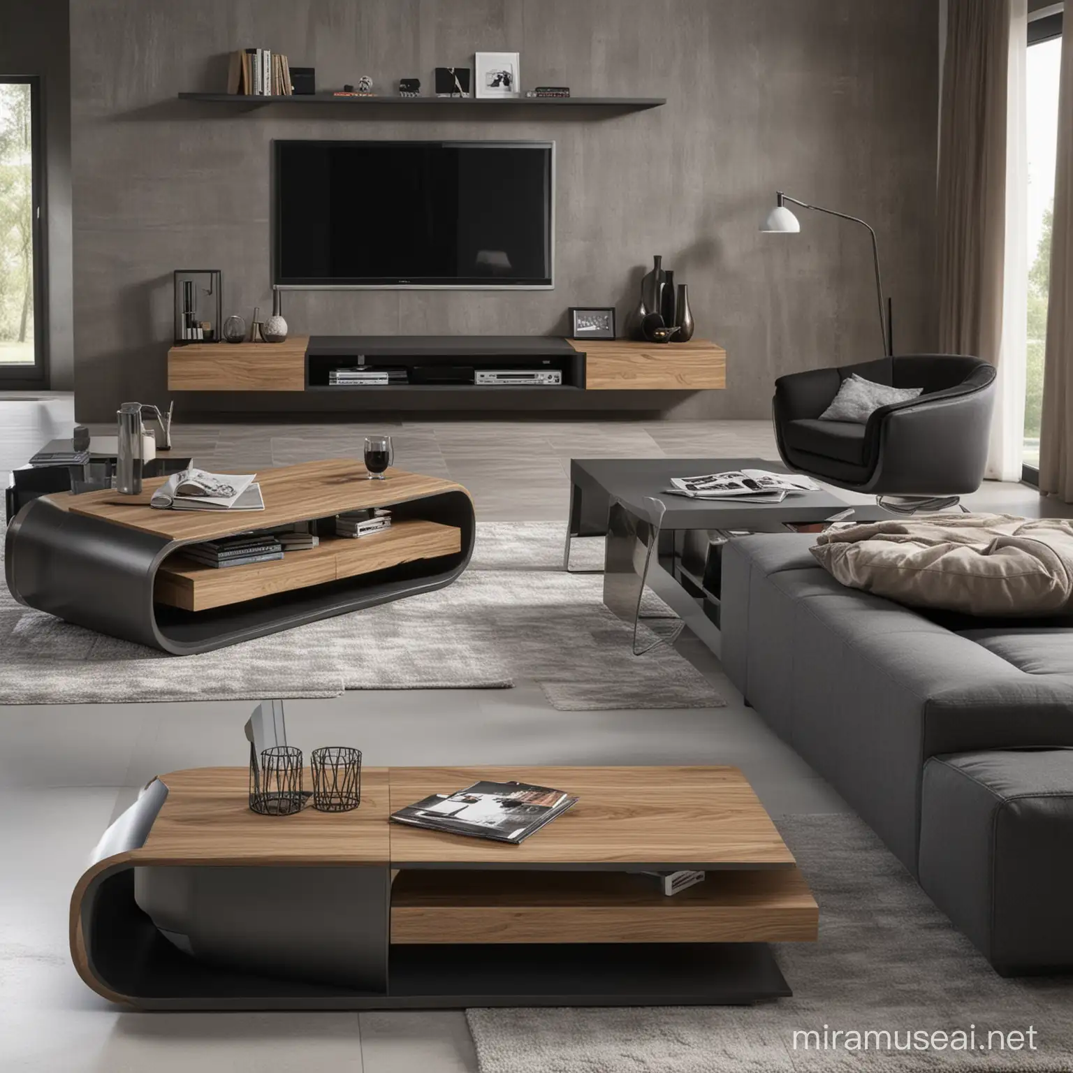 Futuristic Wooden TV Stand for Compact Homes with Anthracite Accents