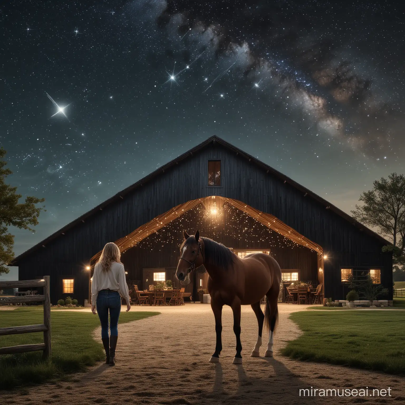 Luxurious Barn Night Wealthy Family and Horse under a Magical Starry Sky