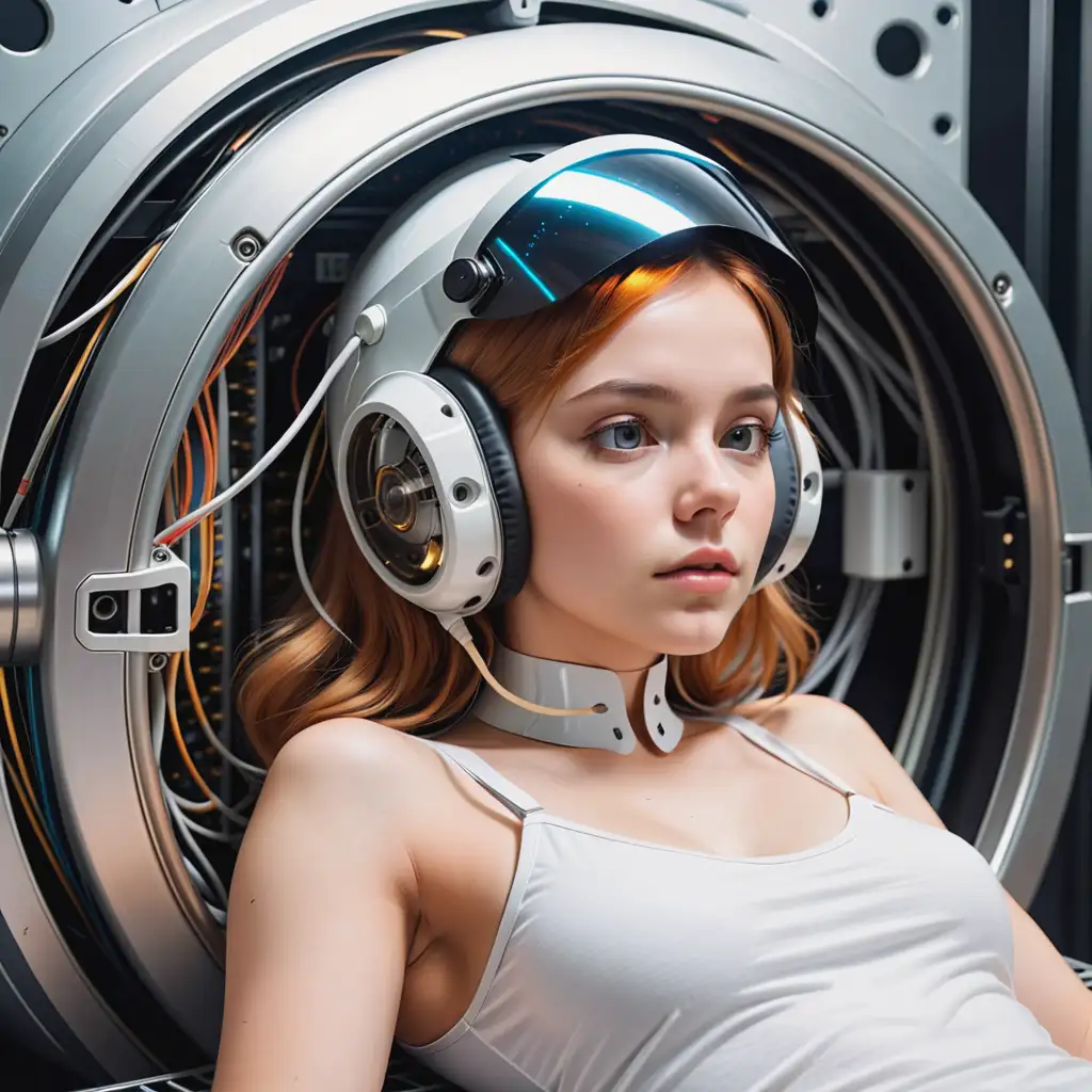 Young Woman Trapped into Futureistic Machine, lying on a Metal Bed, Her Head connected with a Helmet to a Supercomputer 
