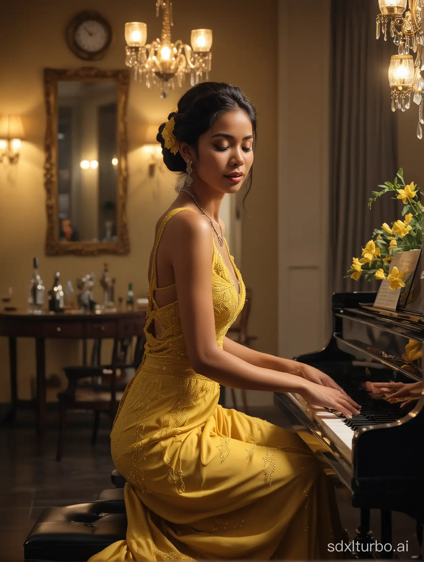 Imagine a 4K oil painting featuring an Indonesian woman in a flowing yellow dress, gracefully playing a jazz piano in a dimly lit room. Black hair was styled in an intricate braid, accentuated with dangling earrings and a sparkling necklace. With closed eyes and a soulful expression, he pours his heart into the music, captivating the audience with his talent and passion. dimly lit luxury outdoor cafe background.