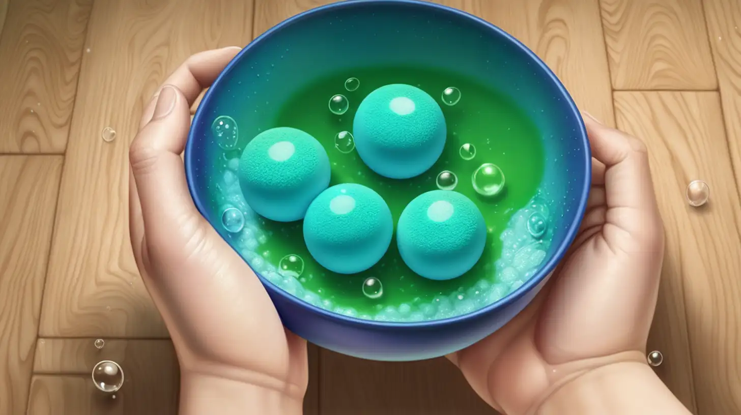 illustration of a hand holding a blue bath bomb with bubbles dipping on a green bowl with green liquid. On wood floor. Close up.