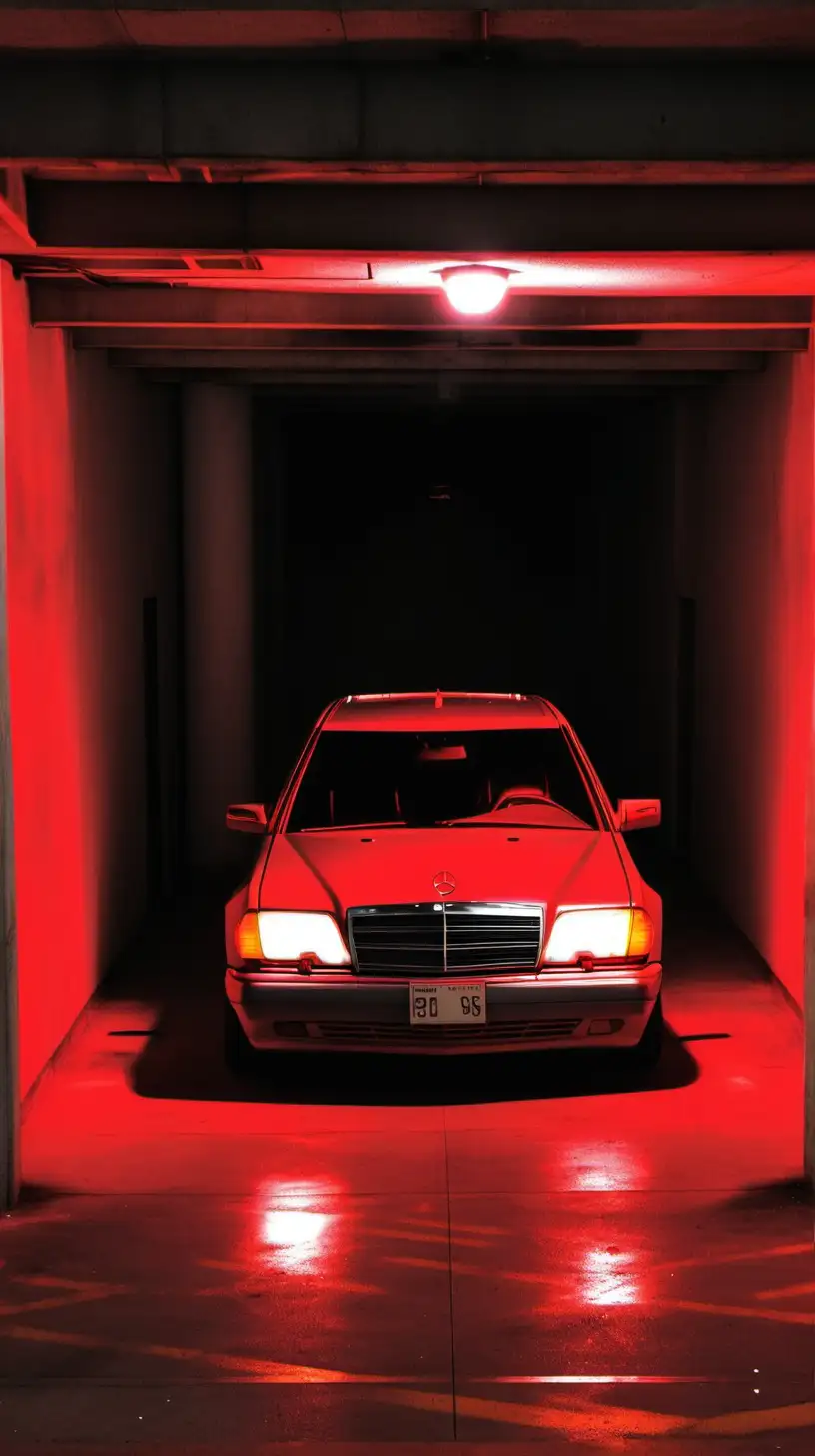 90s mercedes benz, in a underground parking structure, cool red lighting