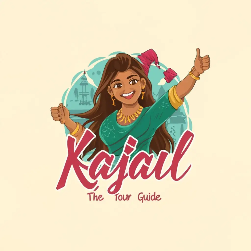 a logo design,with the text "Kajal 
tourguide", main symbol:An Indian girl with long brown hair and a crazy smile. She looks super strong! In the background is the skyline of Delhi. The word 'Kajal' is written big, below is written 'tourguide'.,complex,be used in Travel industry,clear background