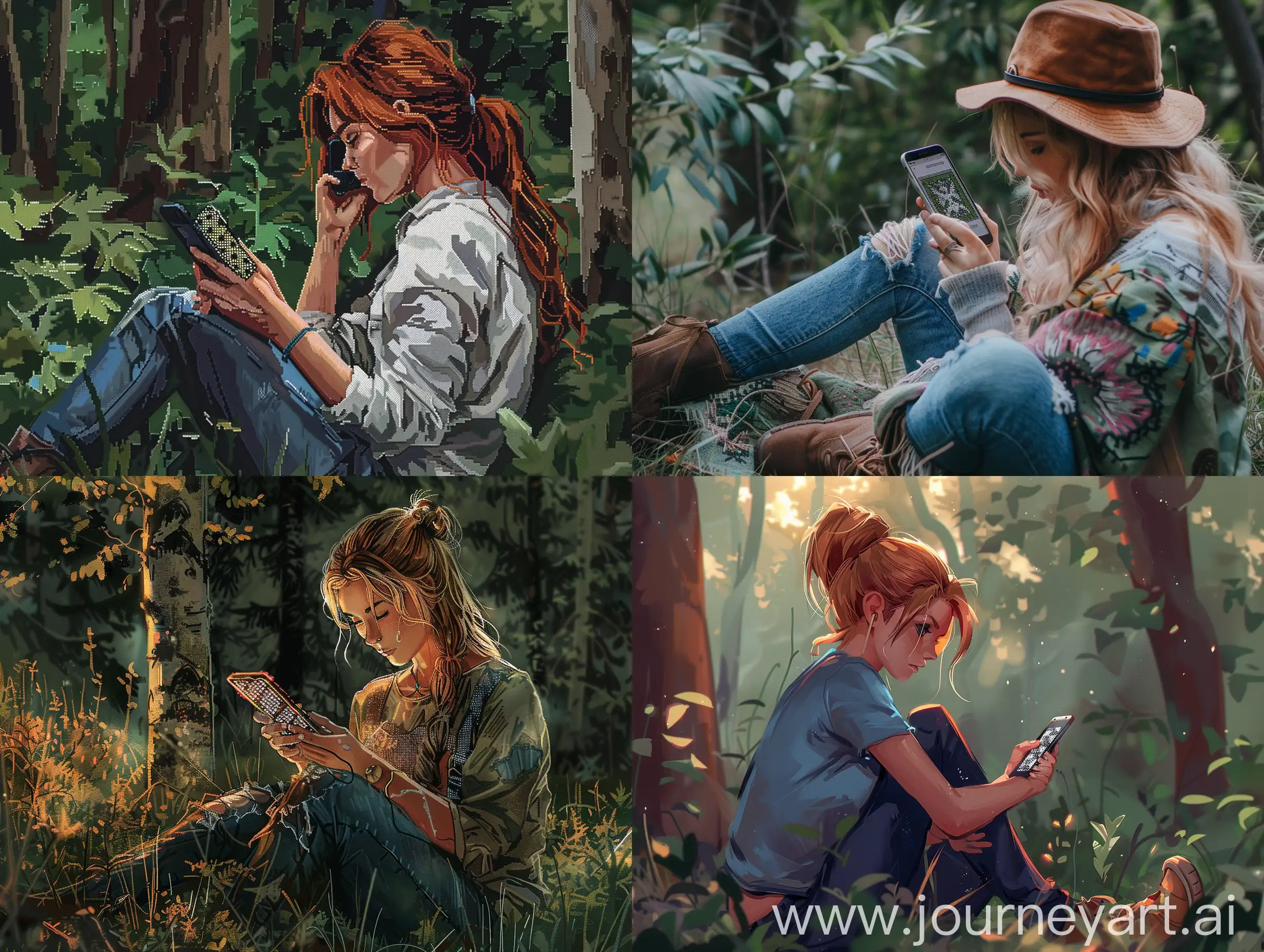 girl which is looking to her phone with cross stitch scheme and do embroidery. She is sitting in the forest or in a beautiful landscape, detailed, naturally looking