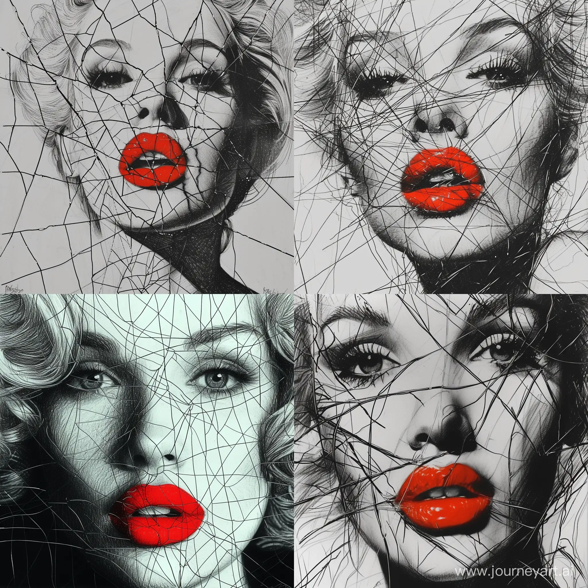 Create me a realist drawing of a girl that looks like marylin monroe in black and white with bright red lips, artsy lines sharp contrast, sketch