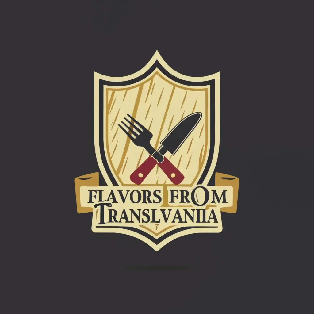 logo, a medieval shield with a fork and a knife in an "x" position behind the shield, with the text "Flavors from Transylvania", typography, be used in Restaurant industry