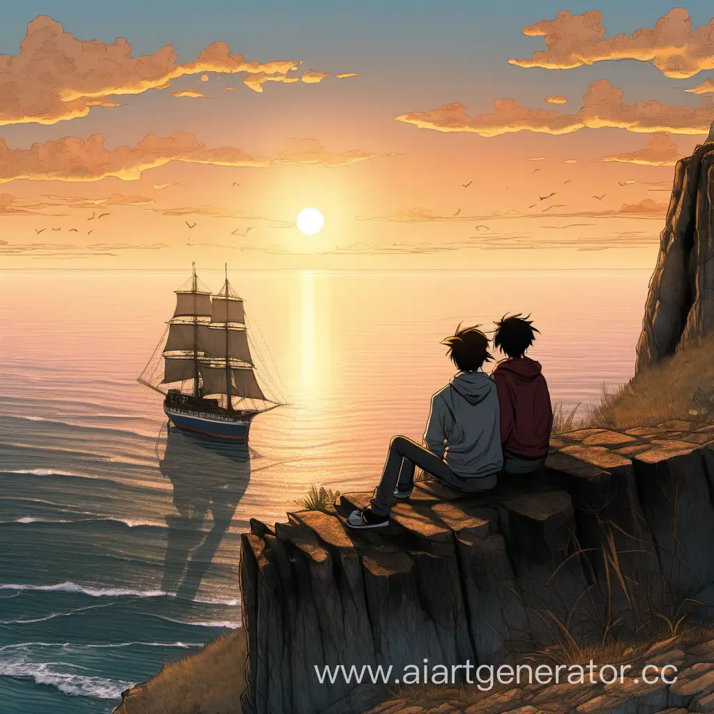 Два подростка пацана лет 17, сидят на окраине обрыва глядя на море и рассвет, вдалеке проплывает старый корабль