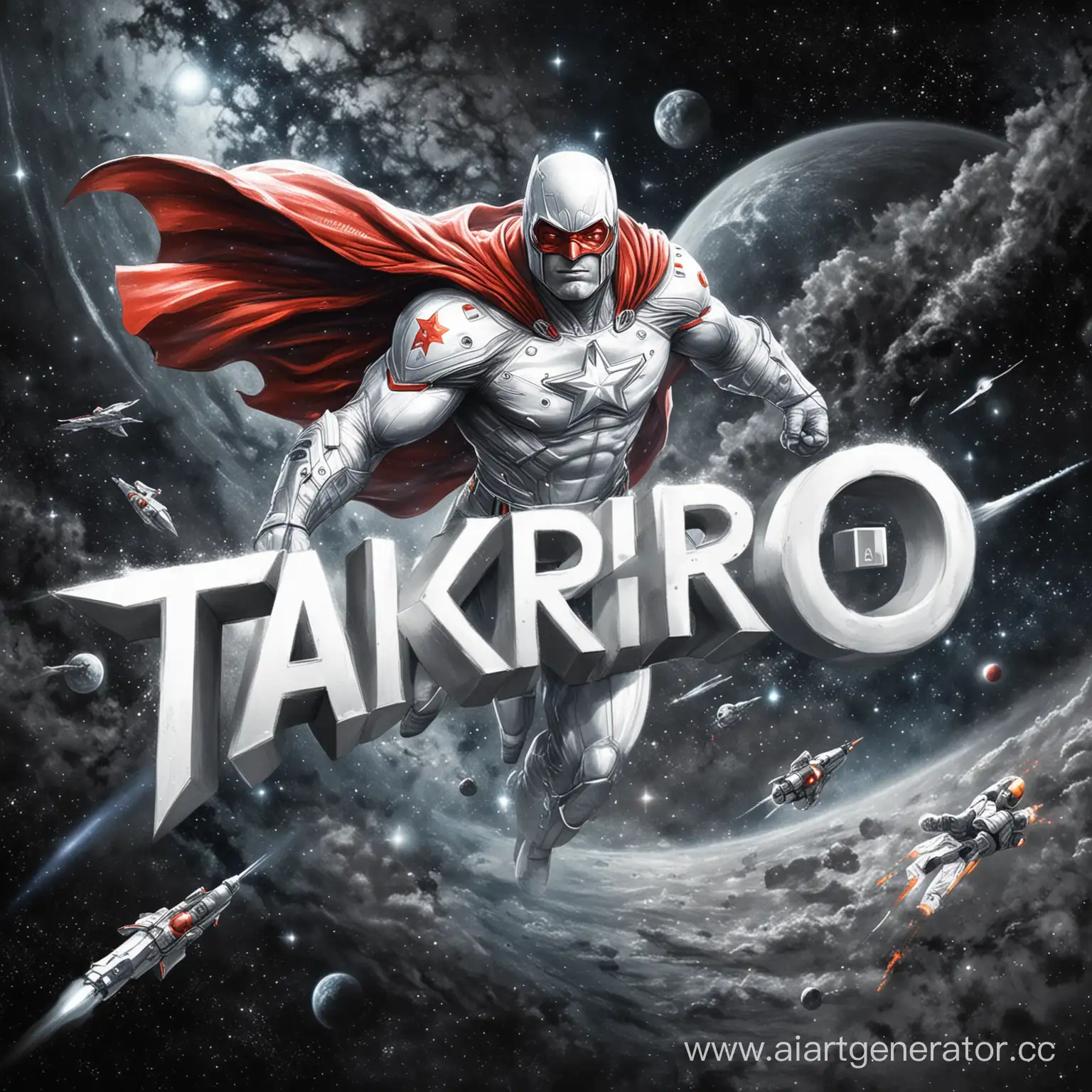 draw a superhero with the inscription Таир Закиров in white in space