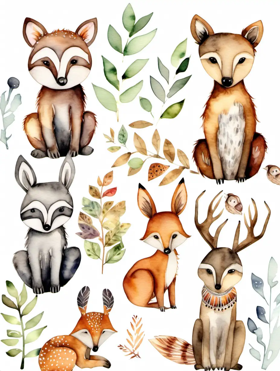 watercolour boho animals woodland clipart, isolated background, suitable for a nursery
