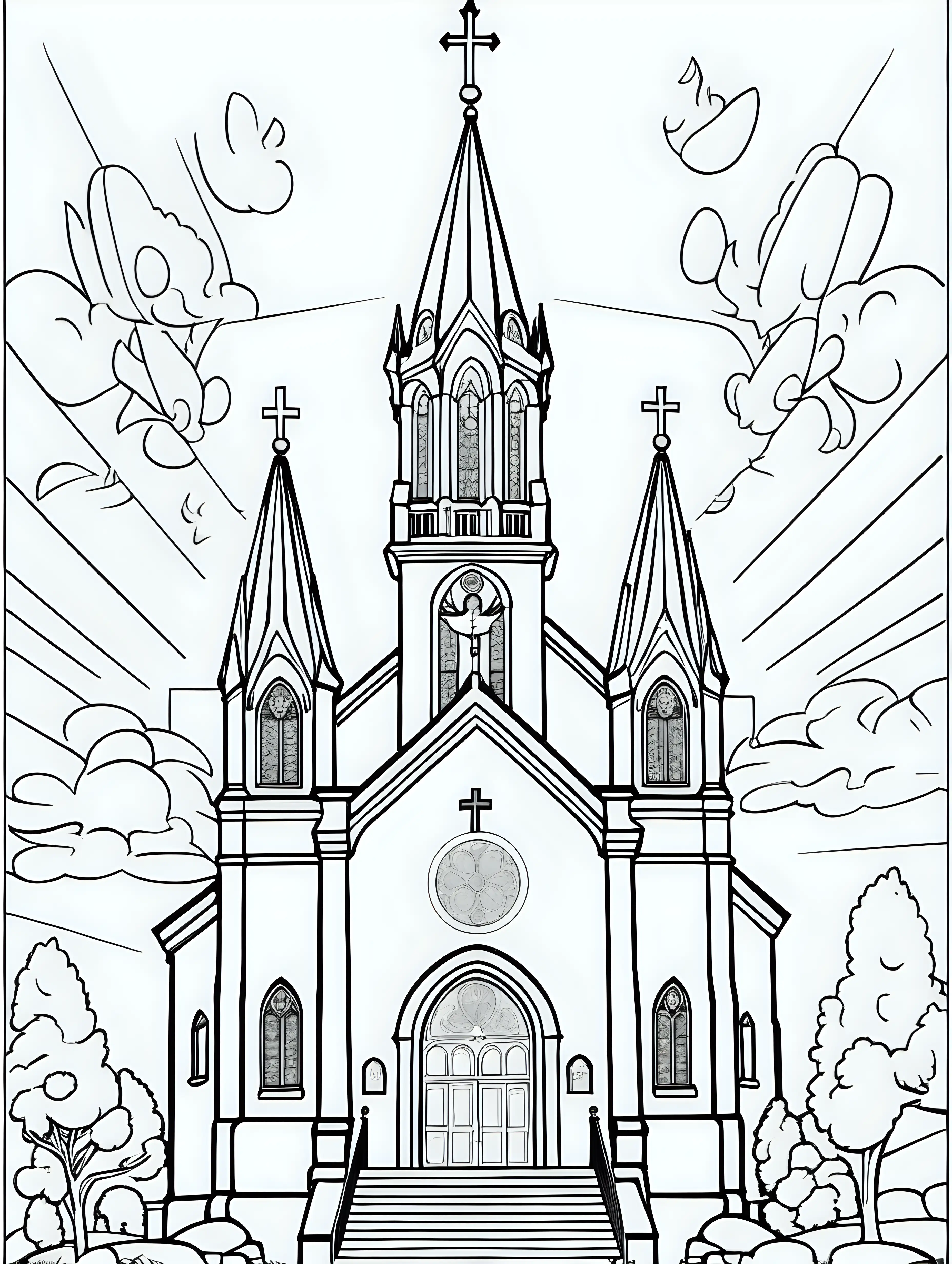 A beautiful Catholic Church, coloring page, cartoon style, thin lines, few details, no background, no shadows, no greys