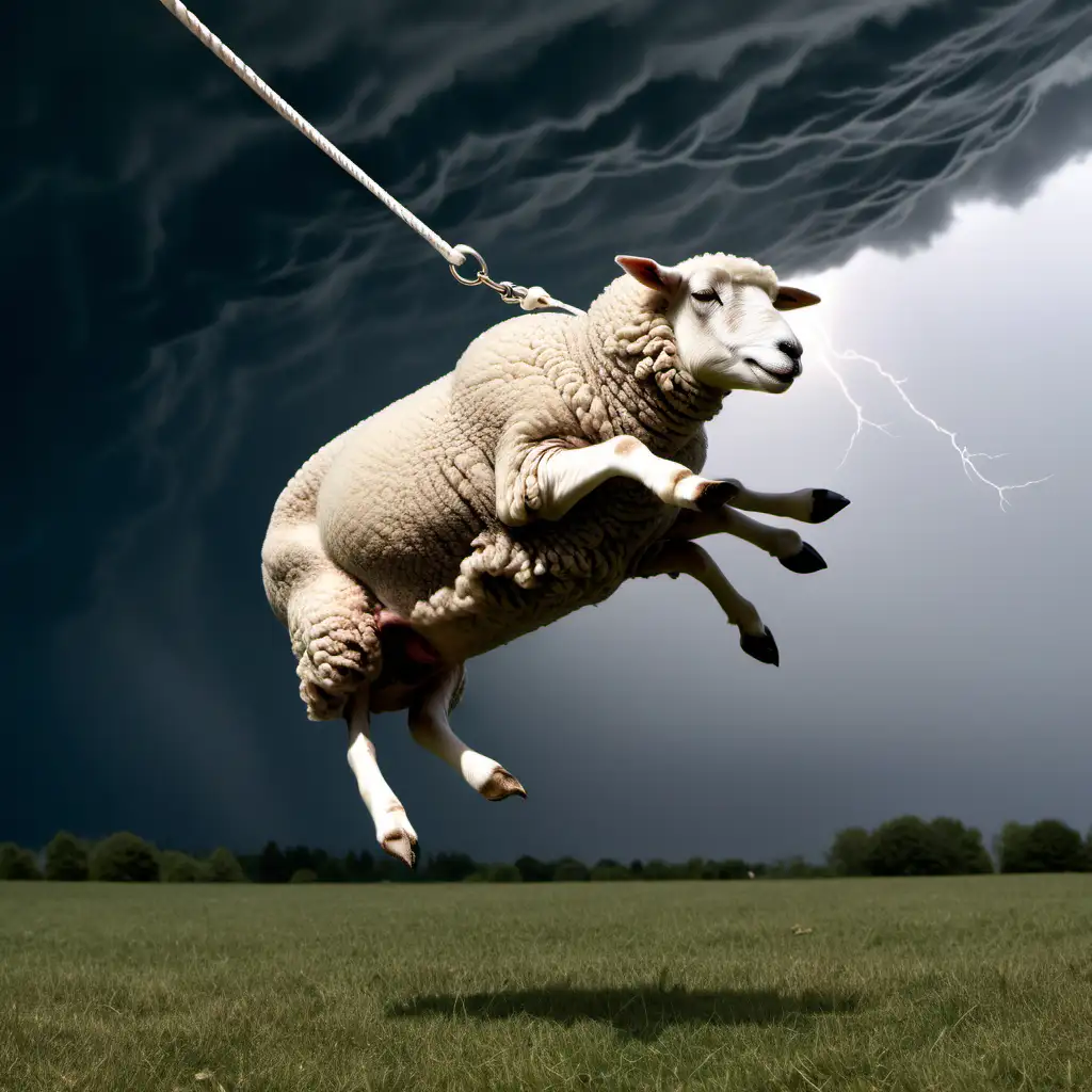 Sheep on Leash Caught in Stormy Skies