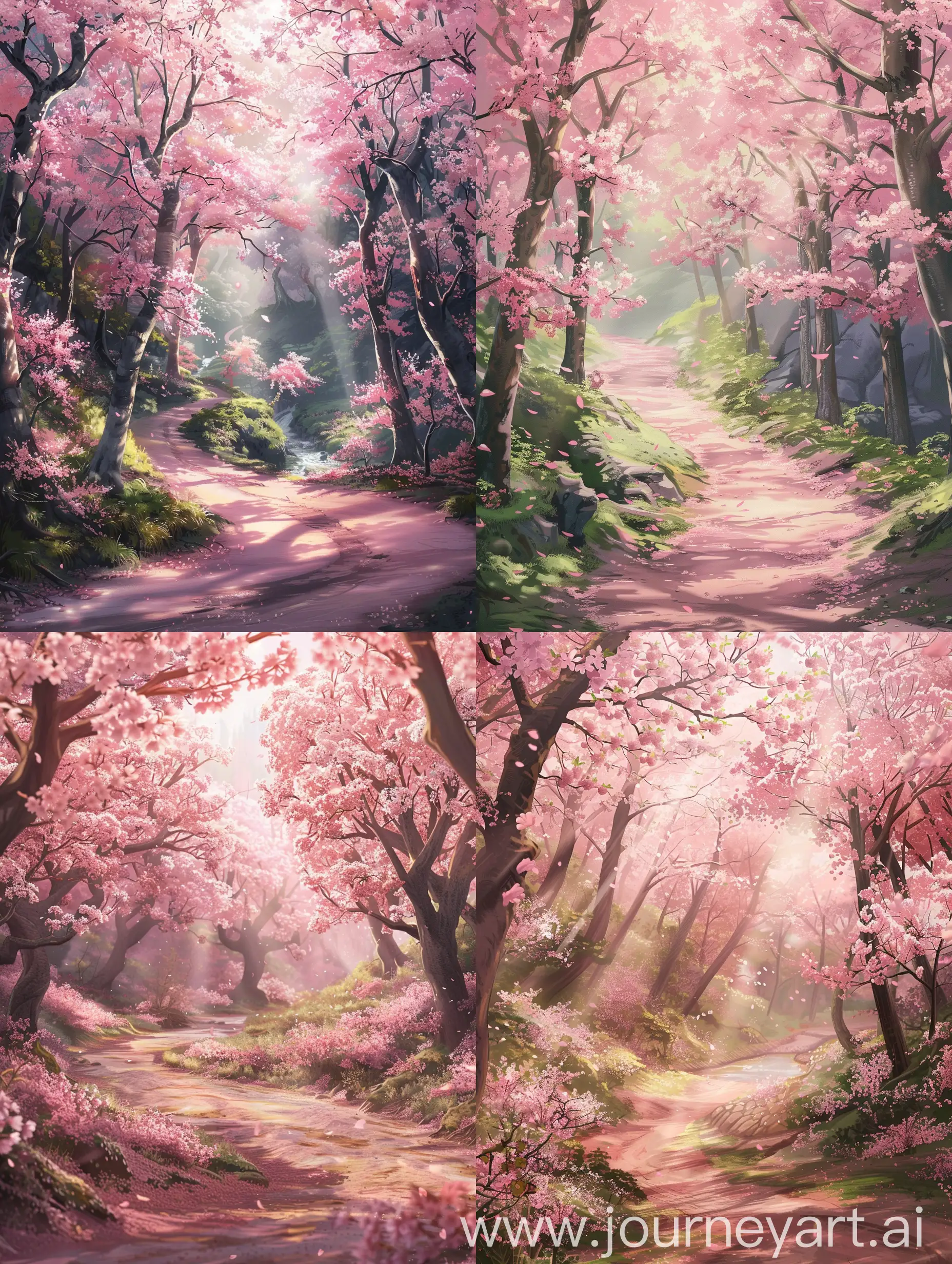 "Generate an anime scenery in Studio Ghibli art style featuring a picturesque cherry blossom forest. The scene should showcase the delicate pink cherry blossoms in full bloom, with sunlight filtering through the trees to create a serene atmosphere. Include a winding path and perhaps a gentle stream, surrounded by the ethereal beauty of the blossoms. Capture the enchanting and whimsical essence of Studio Ghibli's artistry, paying attention to the soft colors, detailed surroundings, and a sense of tranquility that characterizes their magical worlds."




