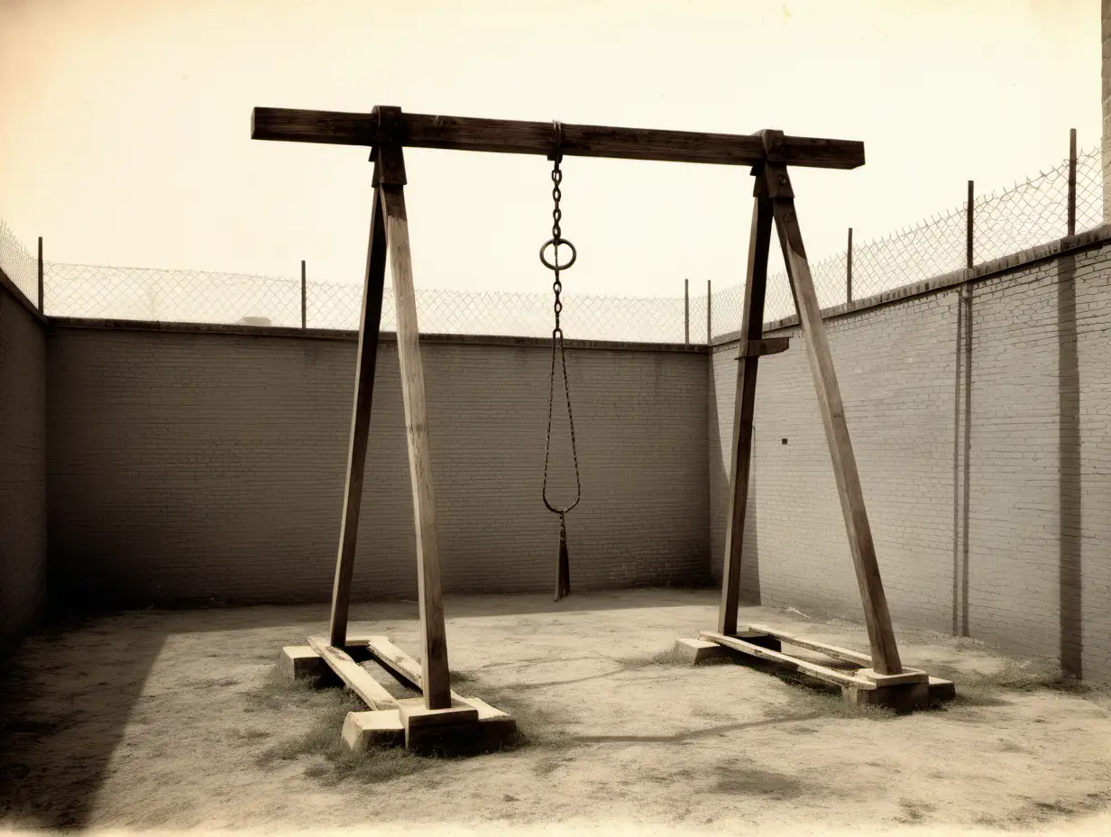 A great wooden gallows stand in a prisonyard (1800's) 