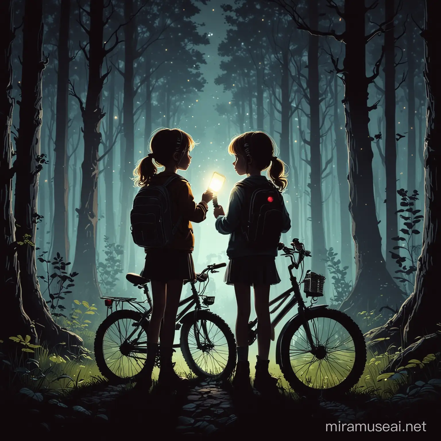 two little girls, in the forest, silhouettes, holding flashlights, with bikes, book cover, cute, cartoon style