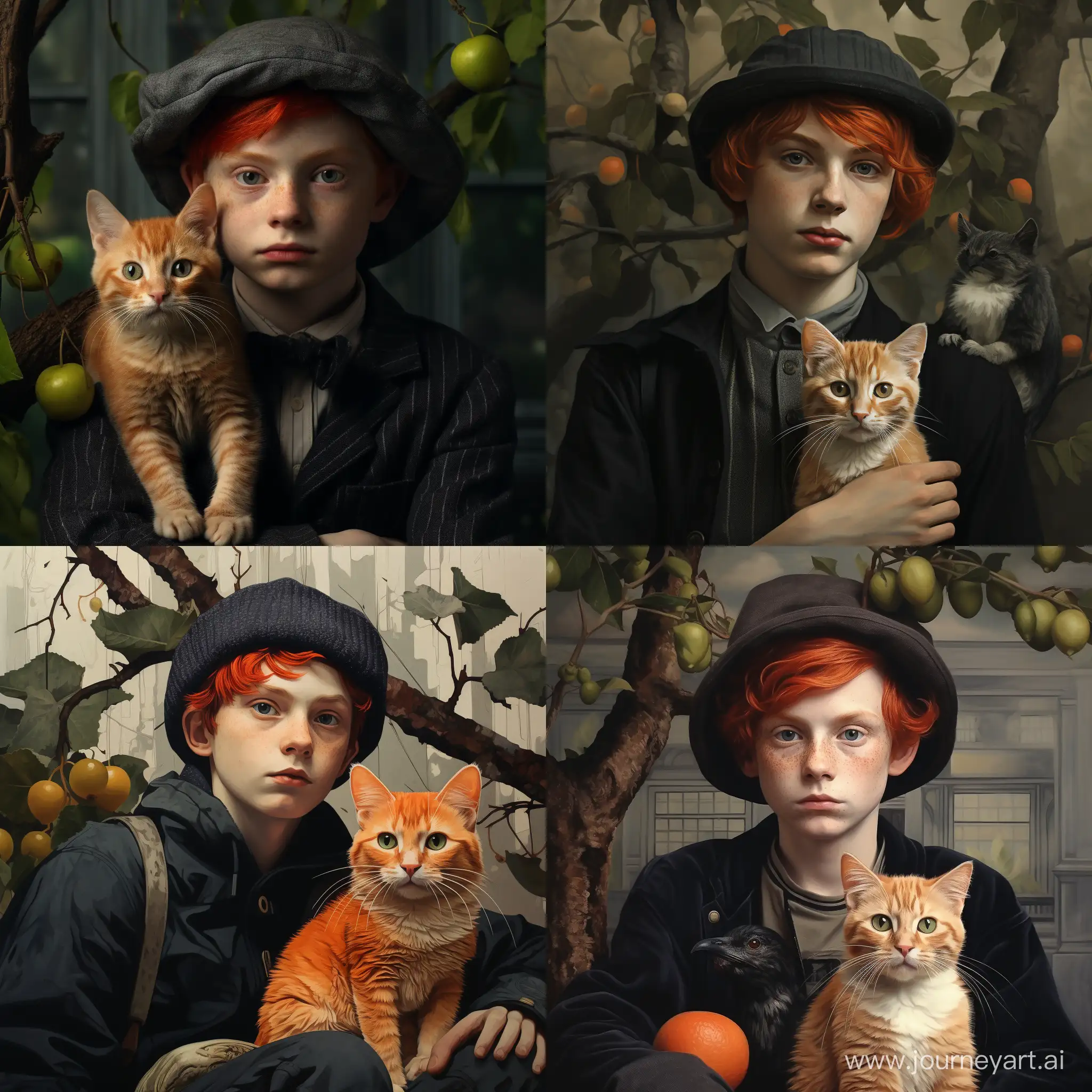 Adorable-RedHaired-Boy-with-Freckles-Holding-a-Ginger-Cat-and-Sponge-on-Urban-Street