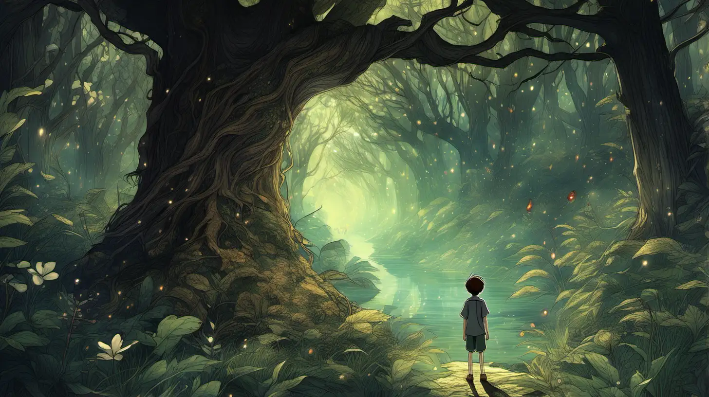 a boy with brown hair, beauiful illustration of fantasy, wonderland, dark forest, soothing, dark, dreaming, music, amazing detailed game poster, Hayao Miyazaki --ar3:2 --niji 5