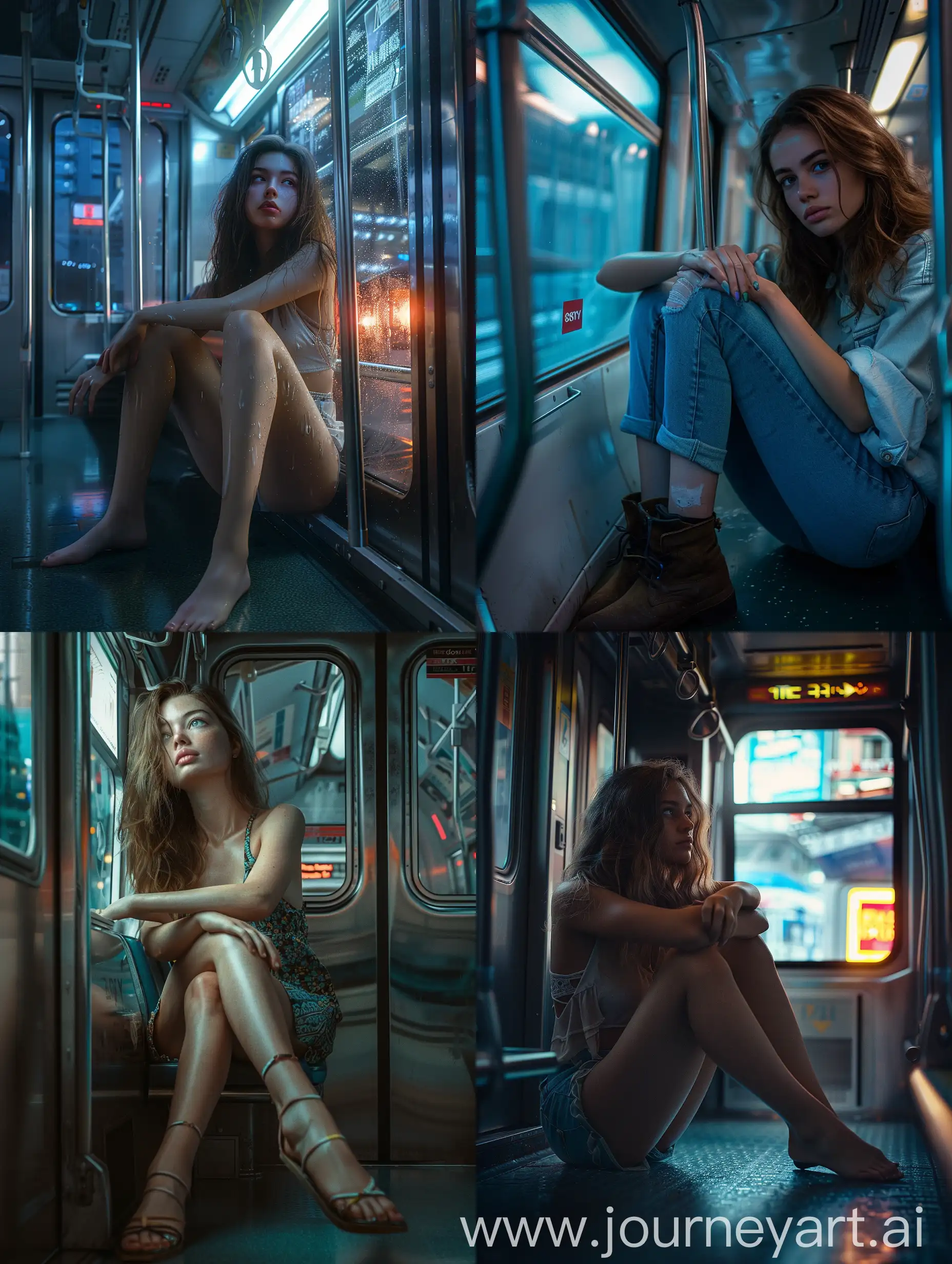 Ultra-realistic photo shot on a Sony a7III of
A young woman sitting by herself inside a metro train, night, her legs crossed, staring out the window.

Camera photo, detailed, lifelike, detailed, HD, 16K Ultra High-res, Full-length portrait, Full shot, head to toes, wide angle, zoomed out, full figure.
