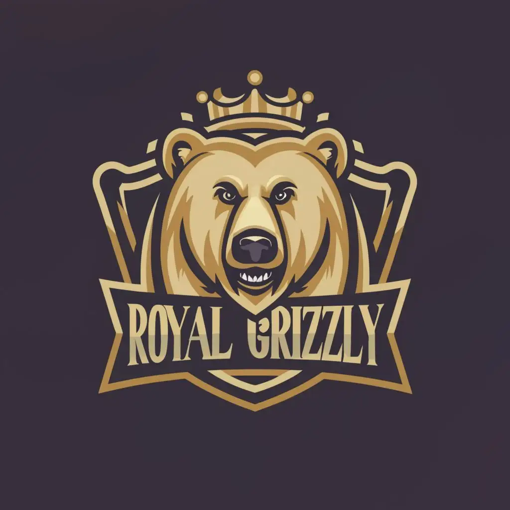 logo, a cute grizzly with royal corners, with the text "Royal Grizzly", typography