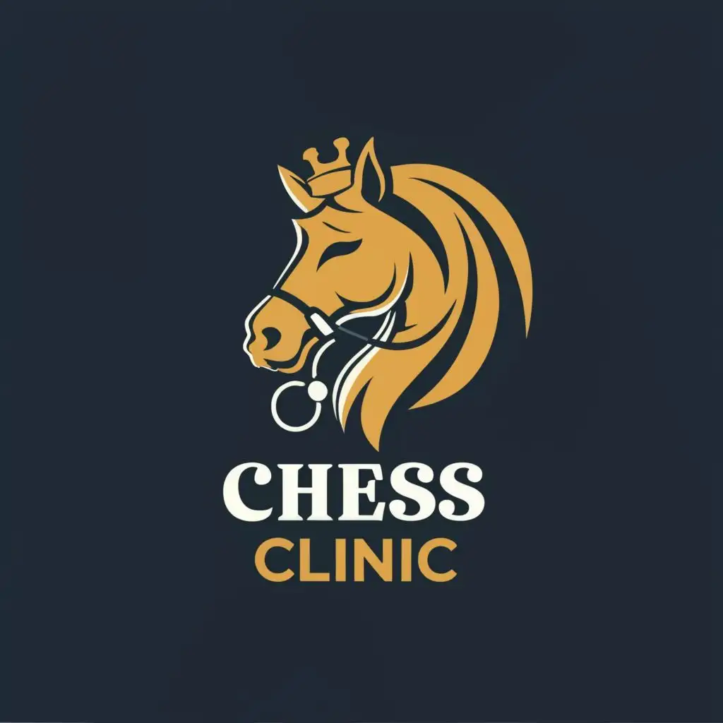 logo, modern stylised crowned horse head with stethoscope, with the text "Chess Clinic", typography, be used in Entertainment industry