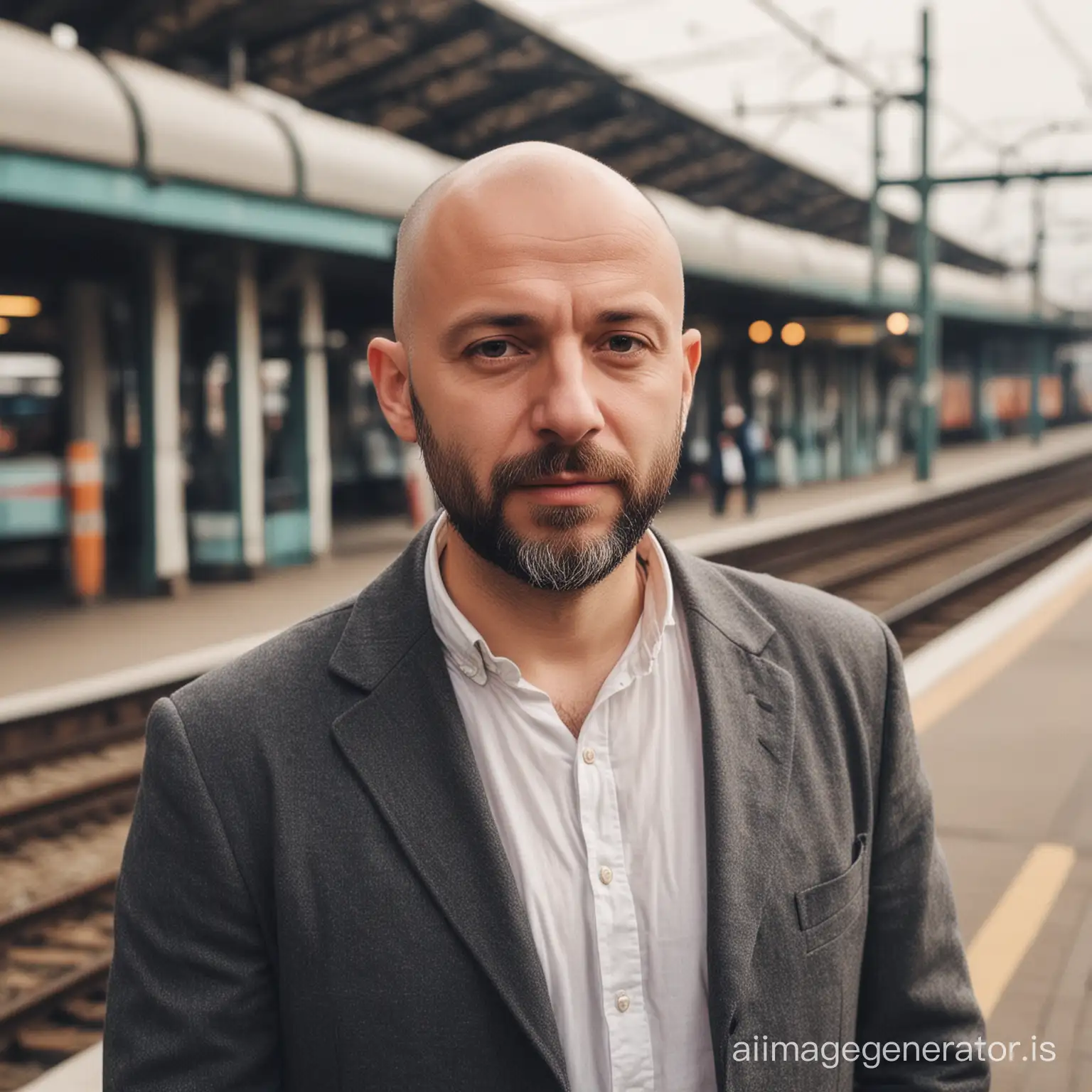 Bald man with small beard standing at the railway station waiting for the train