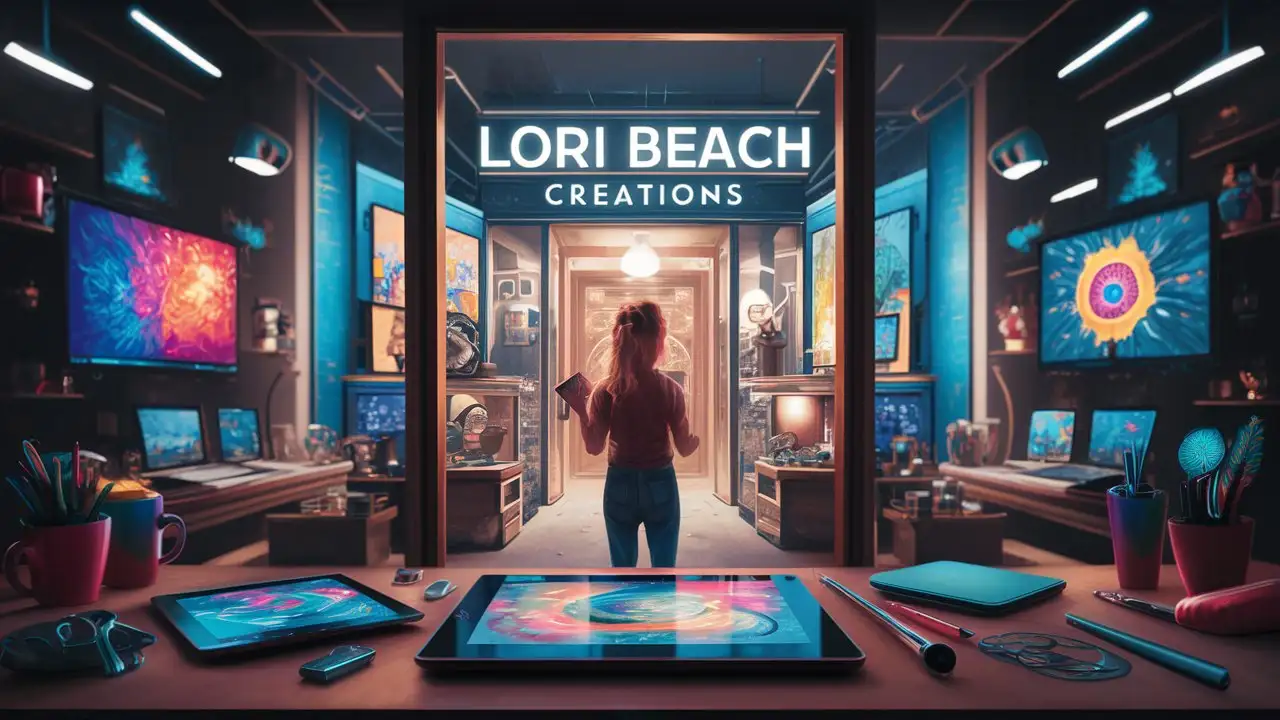 imagine a  website banner for a company that focuses on Digital Creative Products on things like mugs and t-shirts etc. print on demand products.  where the shop owner's last name is Lori Beach. 
