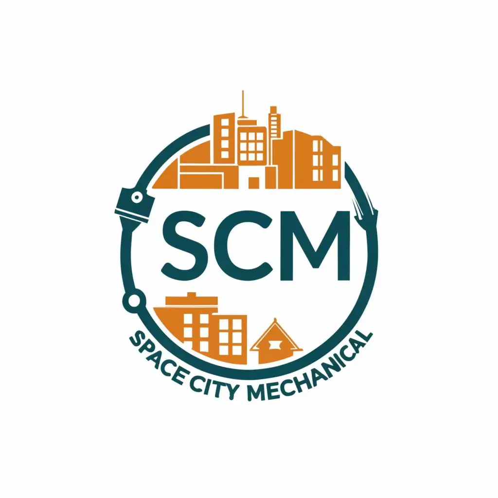 logo, A circle with  in that scm. SCM is overlapping and with the text "Spacecity mechanical", typography, be used in Automotive industry
