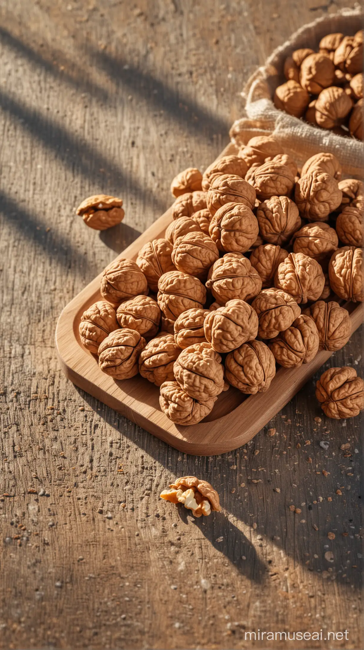 Walnuts on table, natural background, sun light effect, 4k, HDR, morning time weather