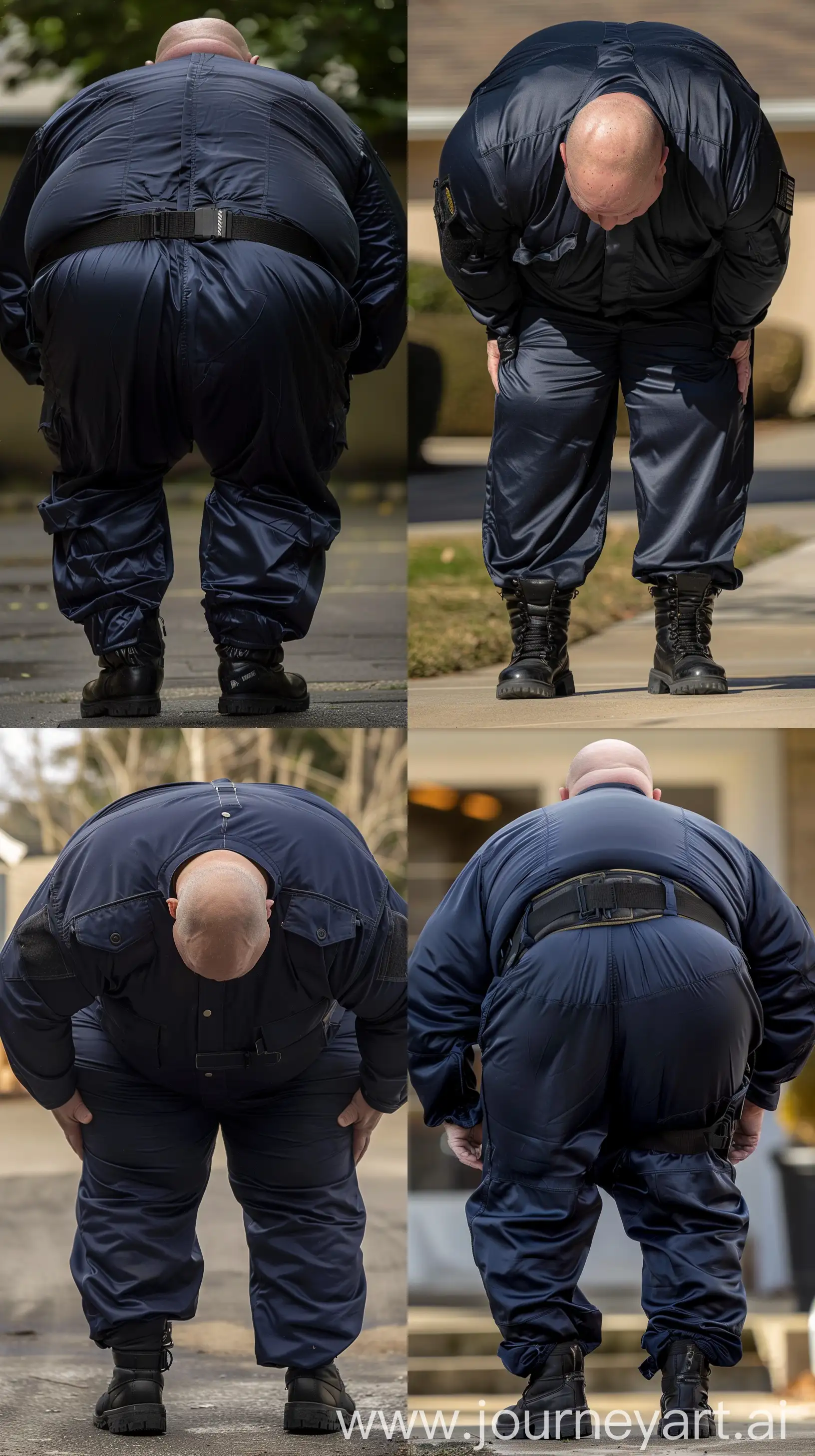 Close-up full body back view photo of a very fat man aged 60. The man is wearing silk tight navy battle coverall tucked in black tactical boots and a black tactical belt. Bowing forward. Outside. Bald. Clean Shaven. Natural light. --ar 9:16