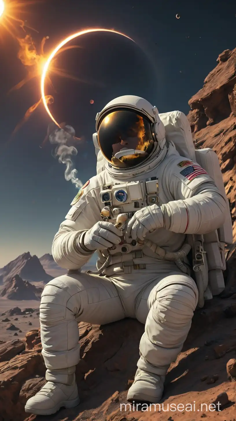Astronauta sentado fumando y mirando el eclipse solar en un planeta misterioso, 