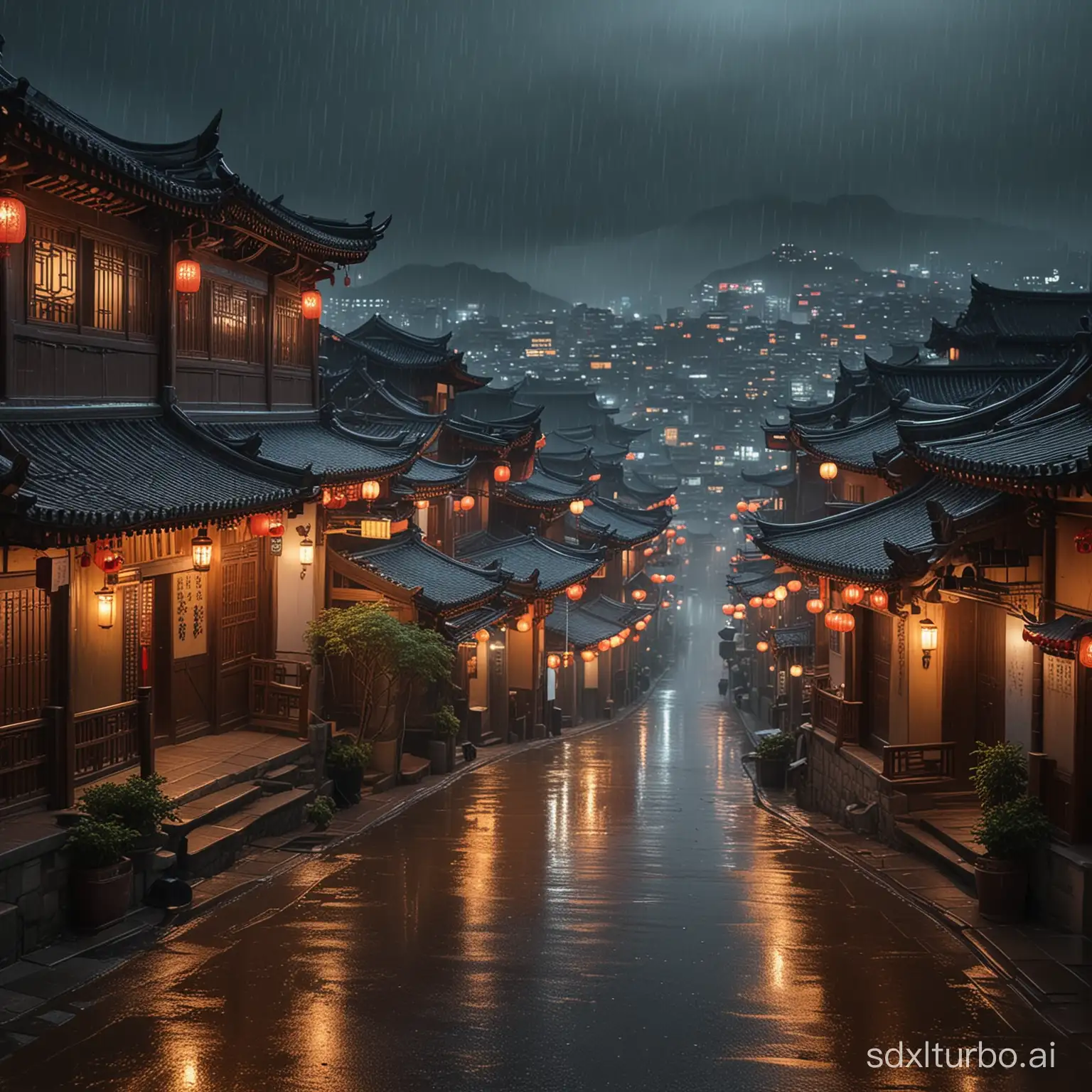 The scenic view of the village, with many lights on the buildings, the dreamy Chinatown, Chinese village, amazing wallpapers, Japanese town, Japanese village, surreal photos of towns, ancient Asian villages, Japanese cities, author Raymond Han, rainy night, cyberpunk Chinese castle, brightly lit buildings, rainy evenings, beautiful and picturesque, photography, film, 8k, high detail ((pouring rain))