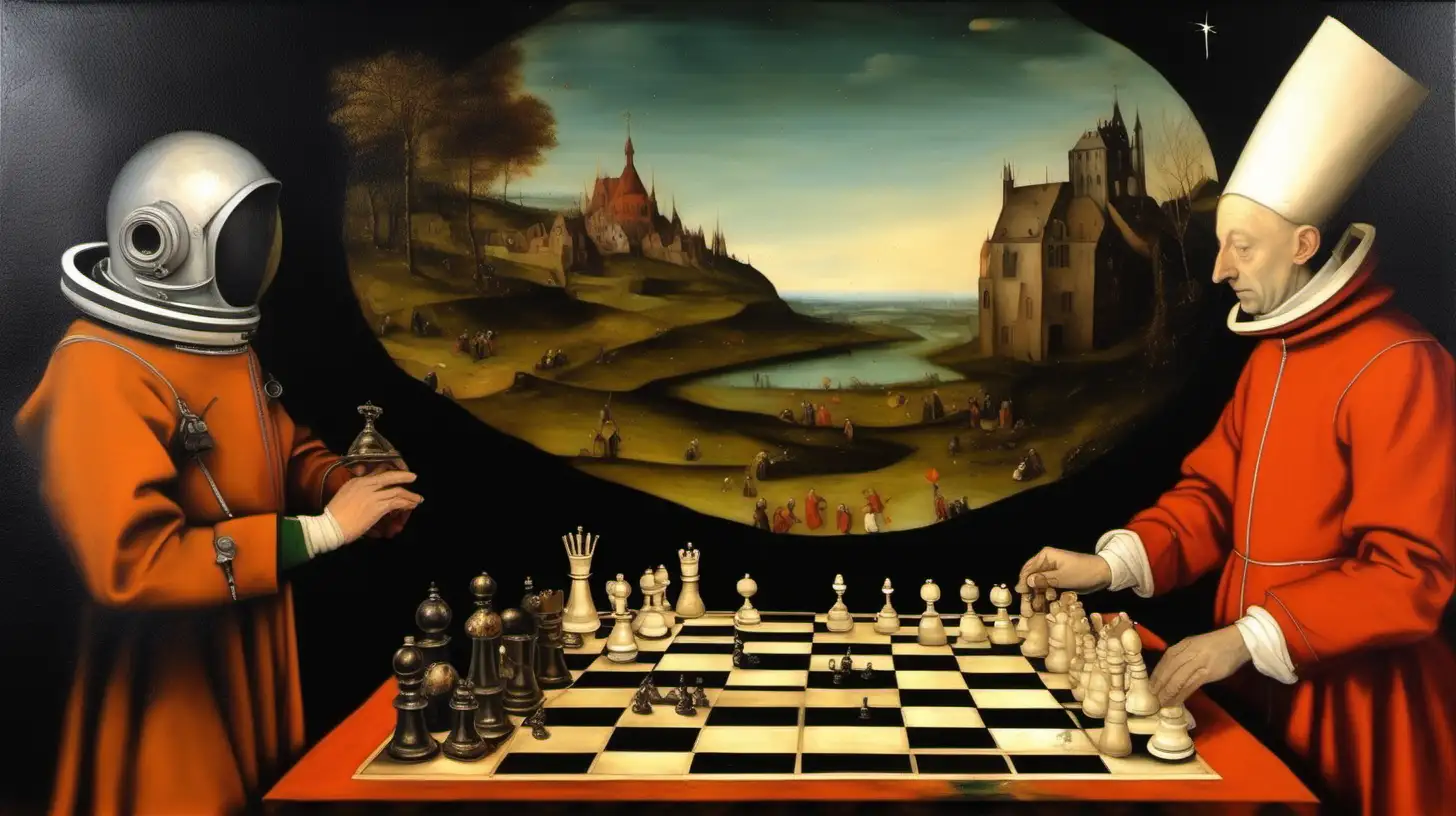 astronaut and priest playing chess, oil on canvas, old picture, Hieronymus Bosch style