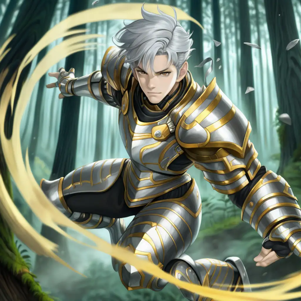 young guy, grey hair, sound waves, dynamic pose, forest, silver eyes, floating, black and gold armor