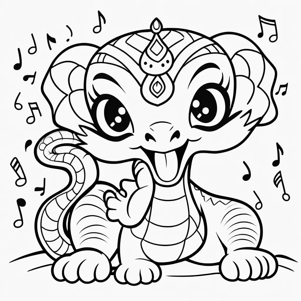 coloring book page outline, kawaii style cute and adorable baby indian cobra swaying to music