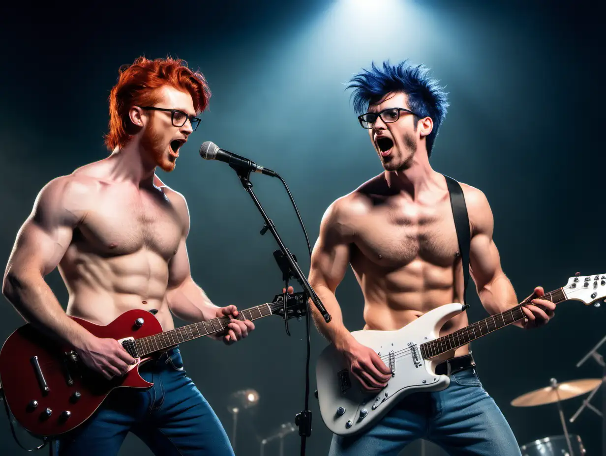 A Redhead handsome male rockstar and a male guitarist with navy blue hair, muscular, short hair, stubbles, glasses, shirtless, blue jeans, very sweaty, show hairy chest, show abs, both looking at the viewer, singing, guitar, mic stand , spotlights 