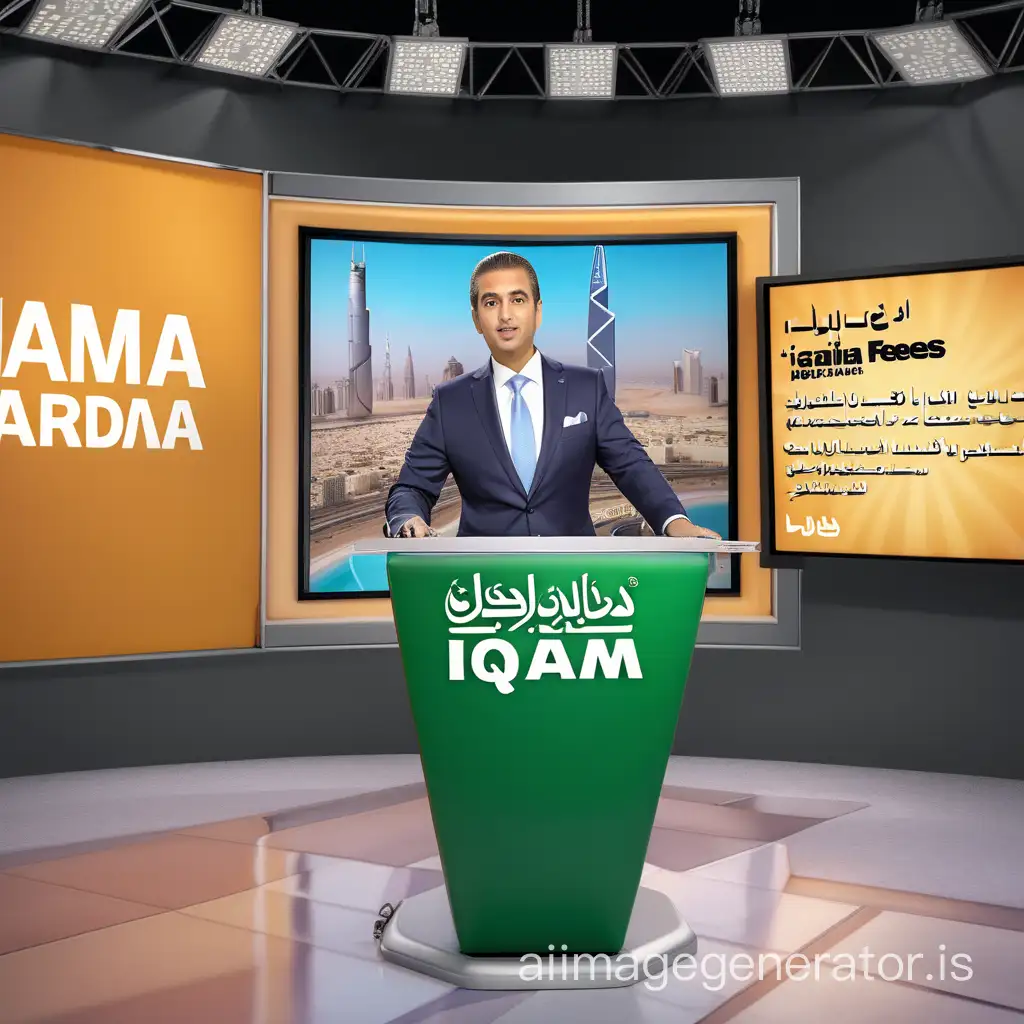 Title: Important Updates: Iqama Fees in Saudi Arabia [Opening shot: Bright and engaging background

Digital illustration of a news anchor presenting important updates on the Iqama fees in Saudi Arabia, vibrant and engaging background, attention-grabbing title font, realistic and detailed 3D render of the news anchor, by famous artist Banksy.