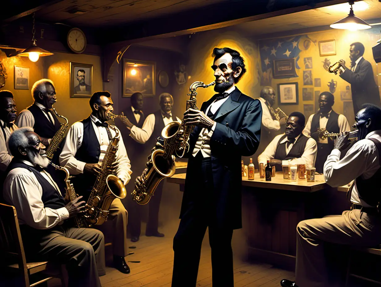 Abraham Lincoln playing SAXOPHONE with very old black blues men in a dive bar  Frank Frazetta style