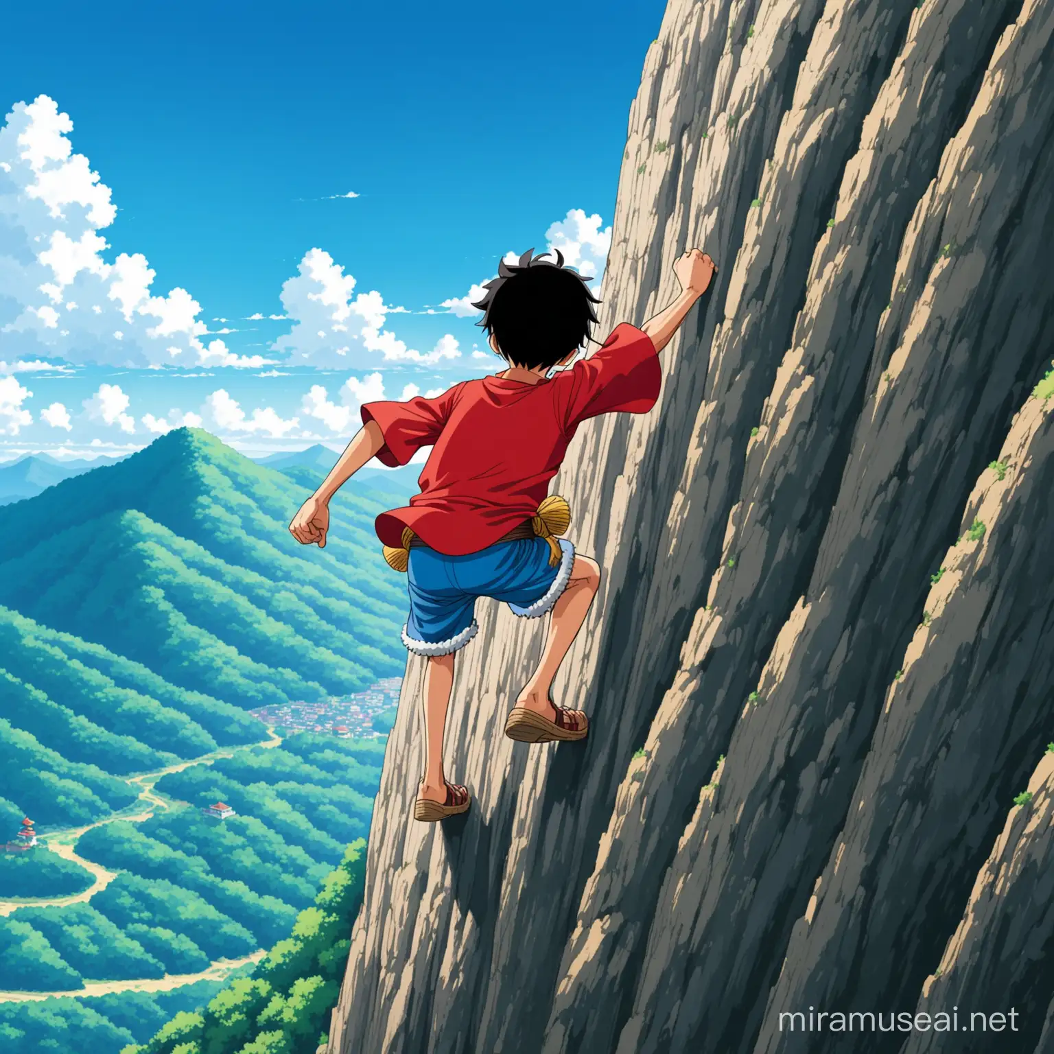 Luffy Climbing Mountain to Reach Microphone