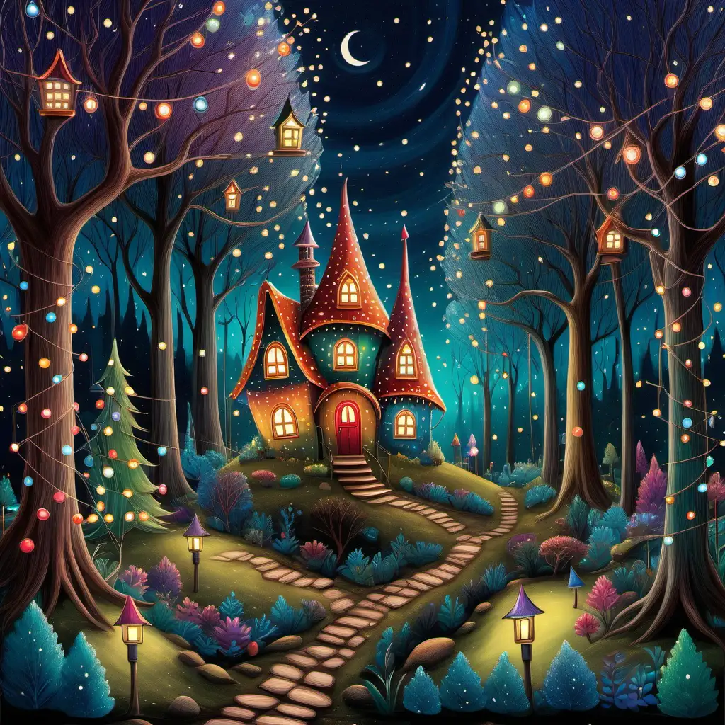 naive art scene of a fairy tale forest, jewel tone colors, string of lights in trees, fairy house, night sky

