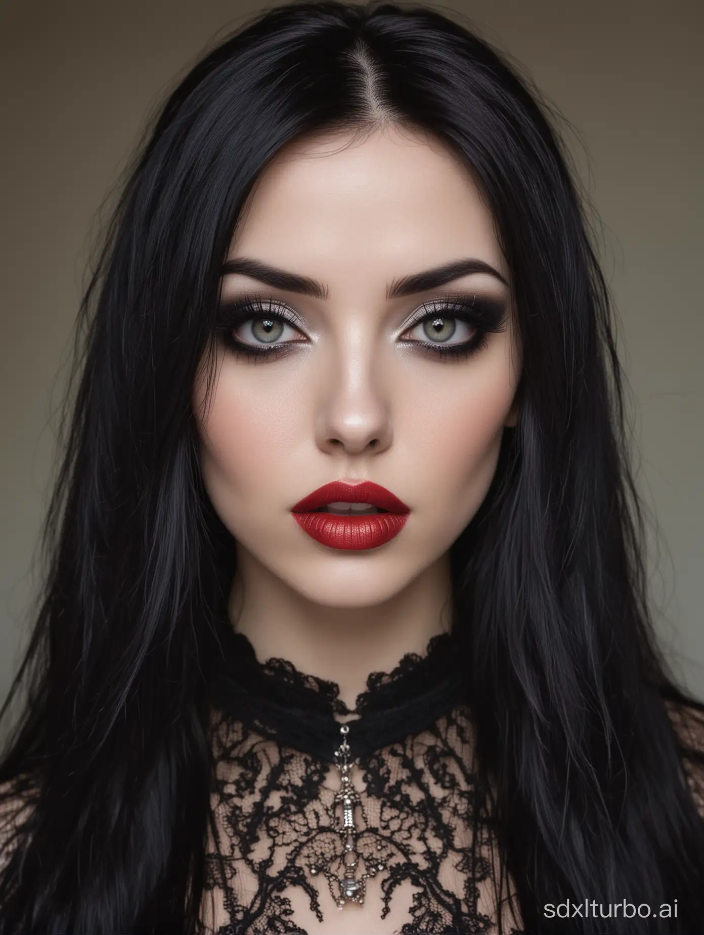 Girl face, gothic style, 30 years old, long black hair, full white eyes, very clear skin, heavy make up, dark make up, gothic make up, eye connection, red lips