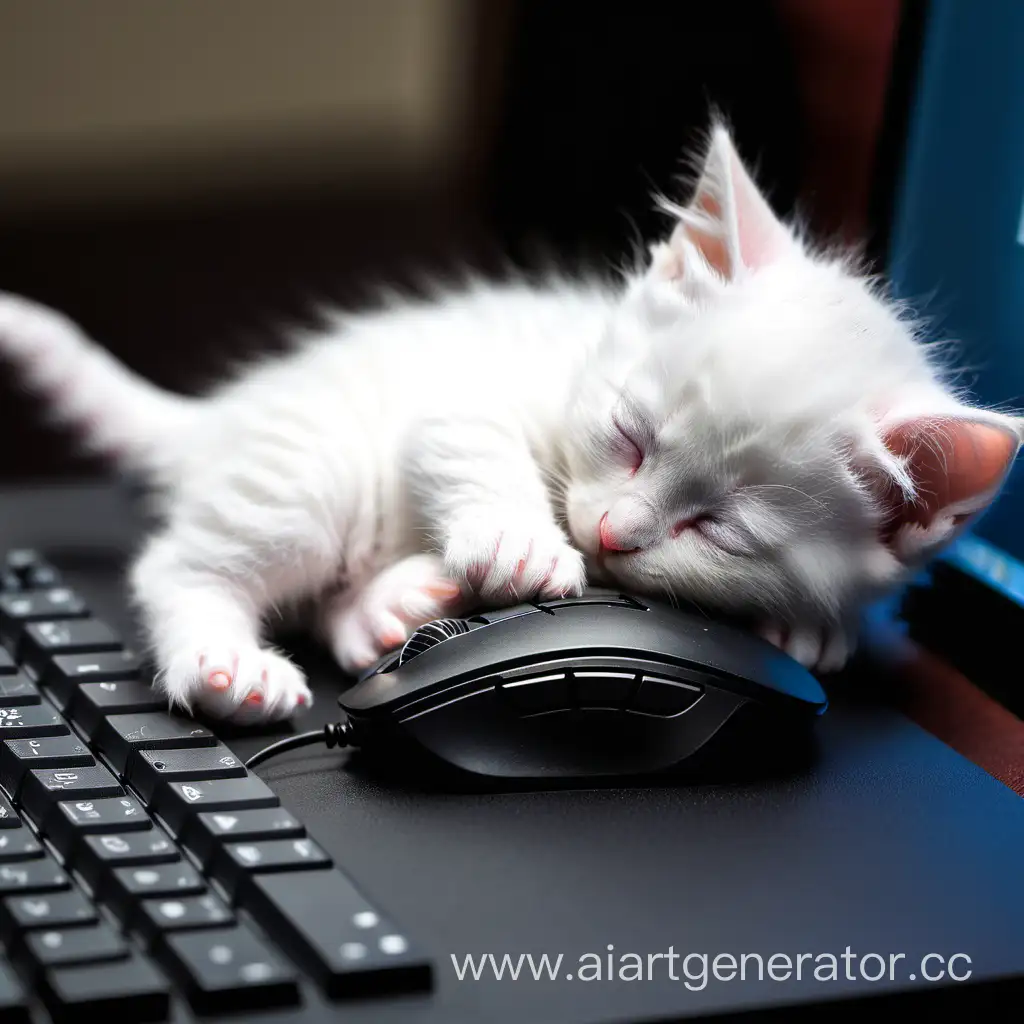котенок спит на компьютерной мышке