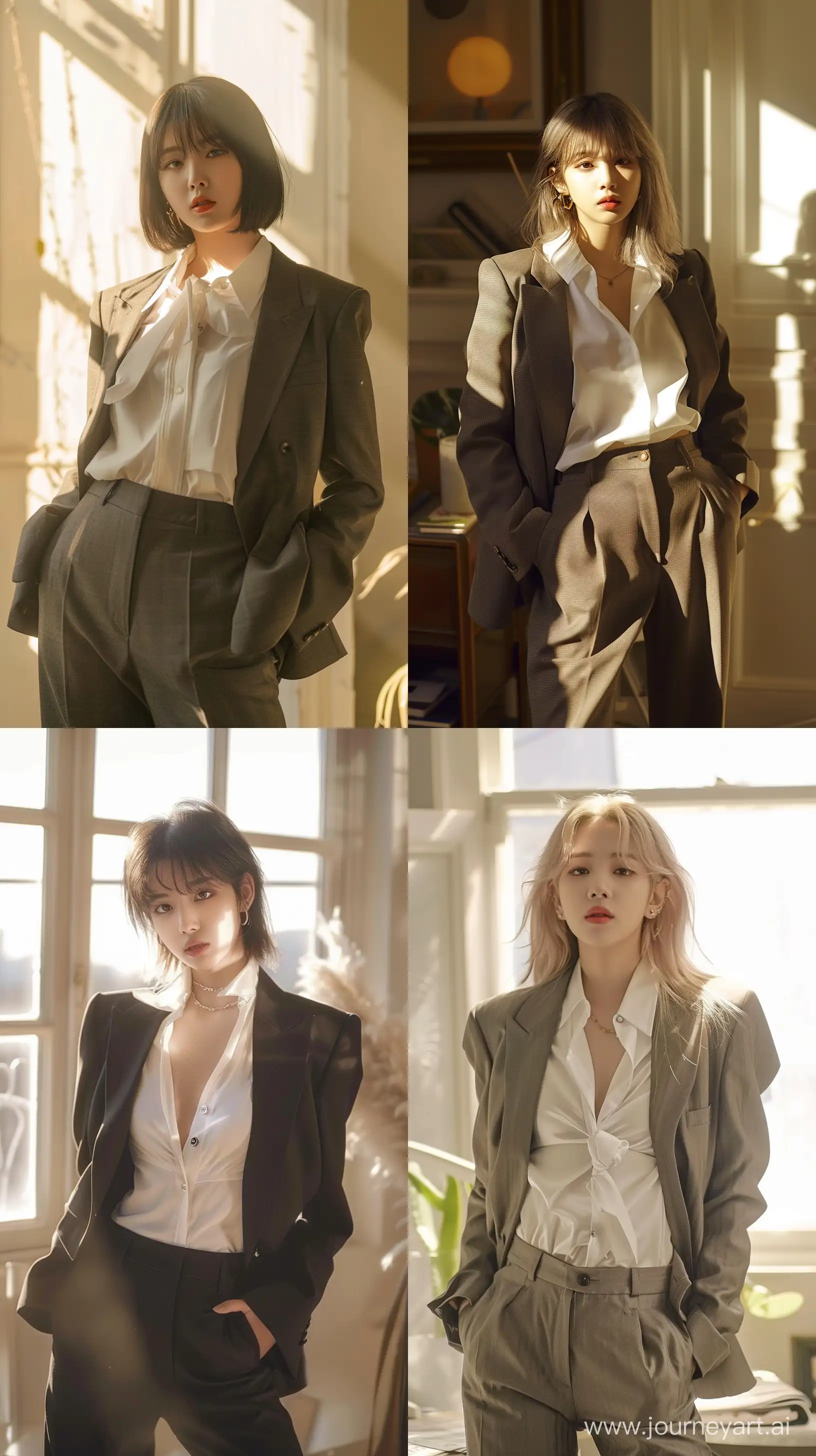 Aesthetic instagram pfp blackpink's lisa with wolfcut hair wearing suit pants and white simple blouse in sunlit room --ar 9:16