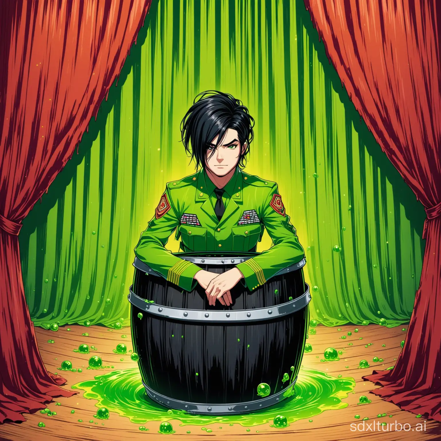 music album cover, guy, curtains hairstyle, black hair, sitting in toxic barrel, sergeant toxic