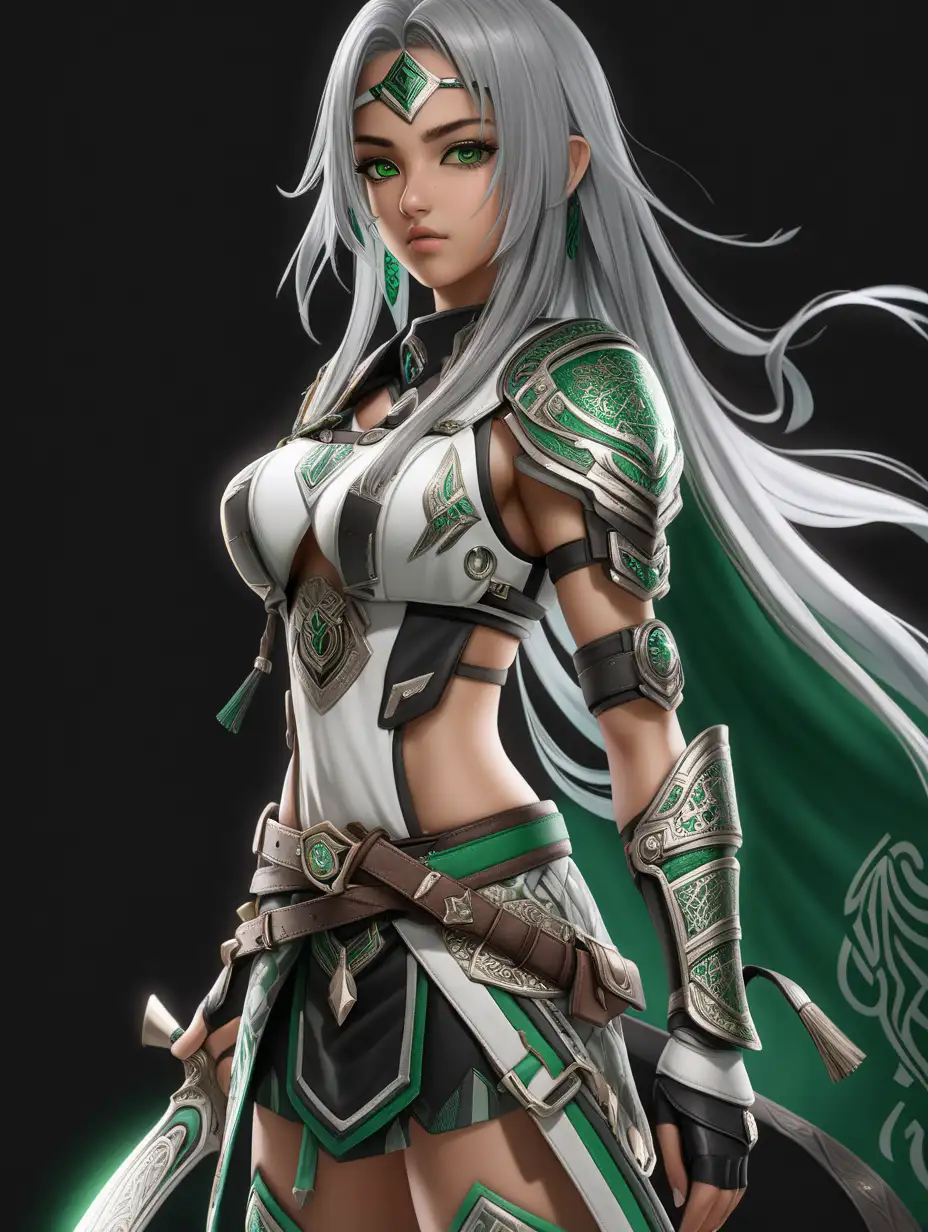 (cinematic lighting), An anime beautiful arabs girl warrior, Envision her clad in practical yet elegant white and green trim warrior attire, wear boots, greyish hair, Her eyes reflect a mix of determination and vigilance, no weapon in the photo, black background at the back, full body photo, angle from below, intricate details, detailed face, detailed eyes, hyper realistic photography,--v 5, unreal engine