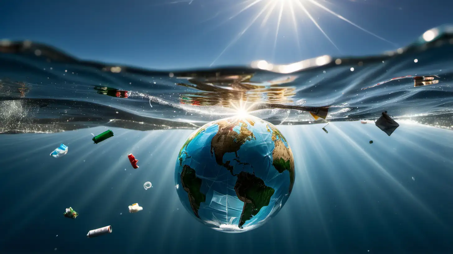 The world suspended above water that is full of  rubbish and plastic and waste, sun shining and appearing from behind the world