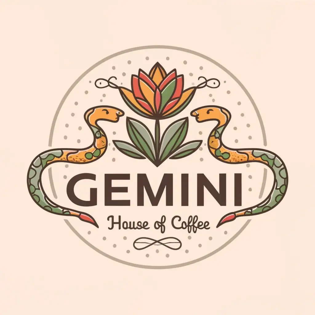 logo, Two Snakes and coffee flower, with the text "Gemini: House of Coffee", typography, be used in Restaurant industry