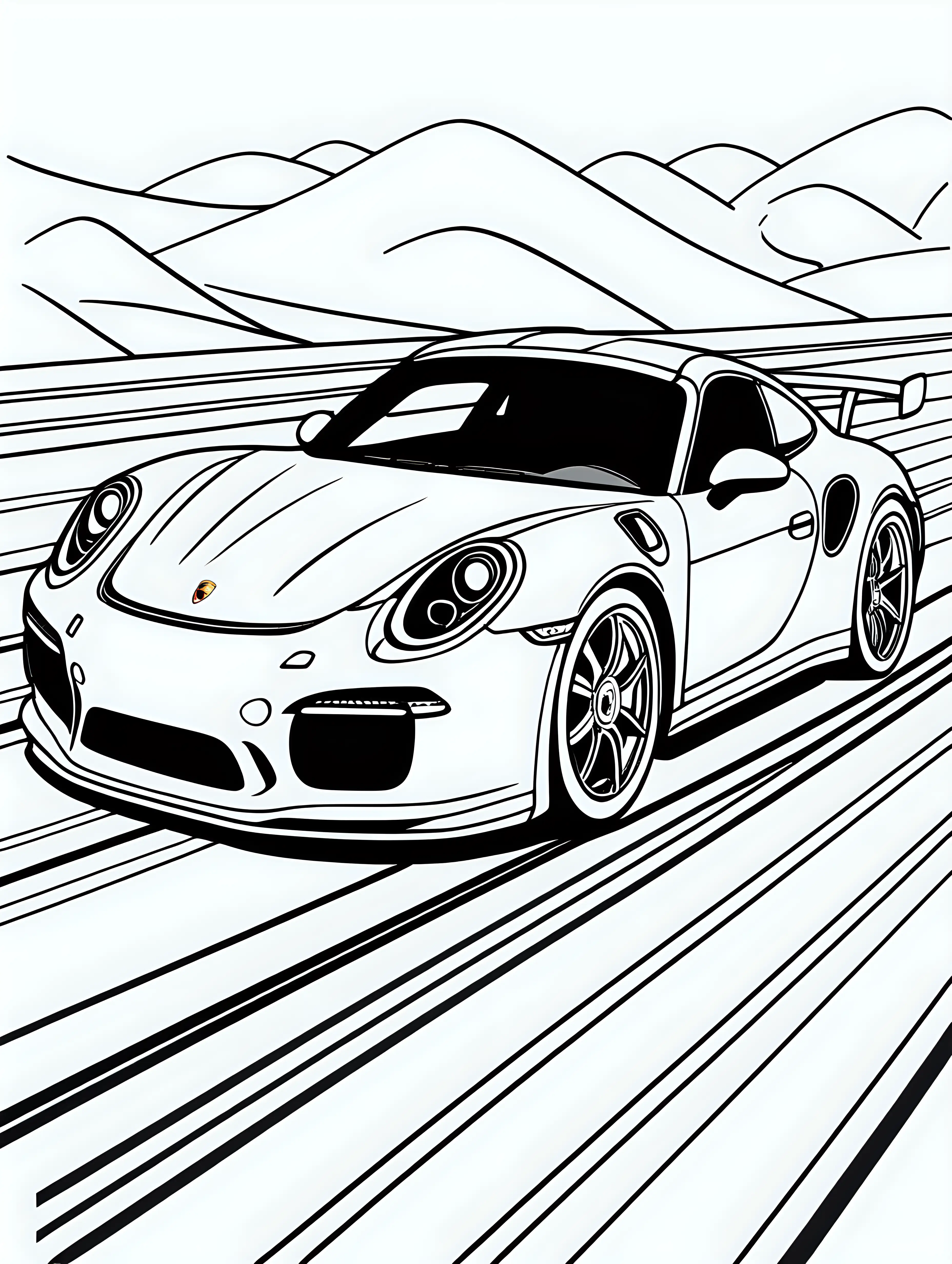 coloring page for kids, porsche car, the car is on a car track,  black lines white background