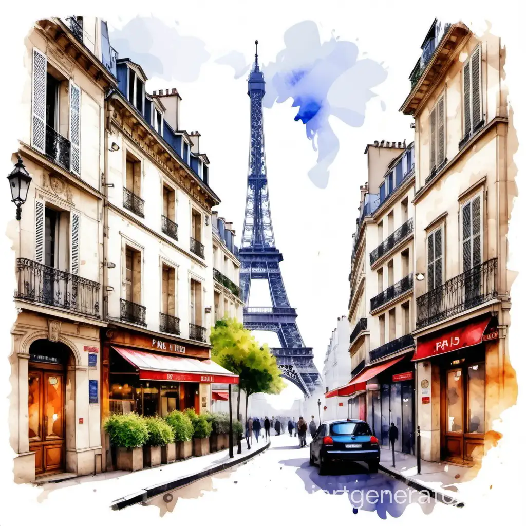 watercolor painting style, Paris city view, Old town, White Background 