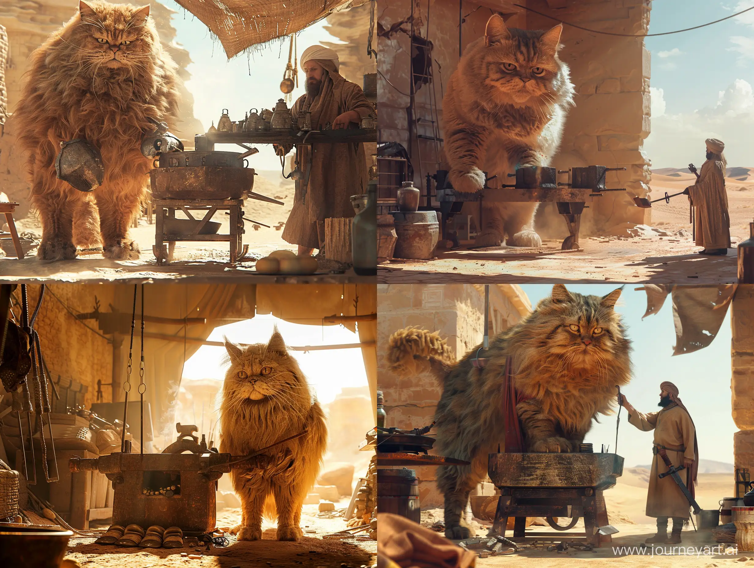 A Persian blacksmith is making iron shoes for a giant Persian cat, the size of a Persian cat is the size of a horse, standing in the forge. in a desert, in an ancient civilization, cinematic, epic realism,8K, highly detailed, long shot technique, backlit, hard lighting