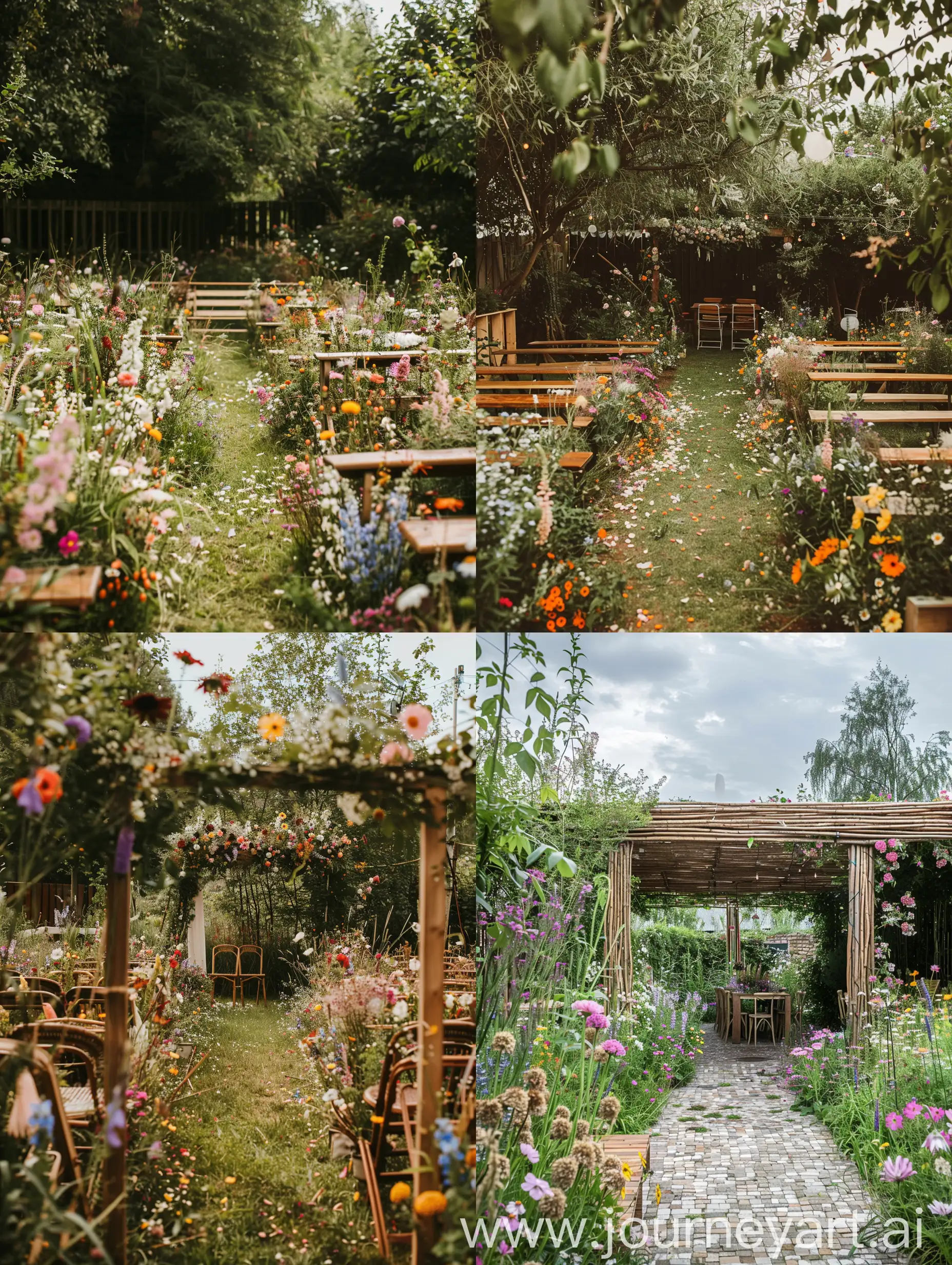 Backyard wedding ceremony and reception for 50 people, use wildflowers, the space is 10m by 5m 