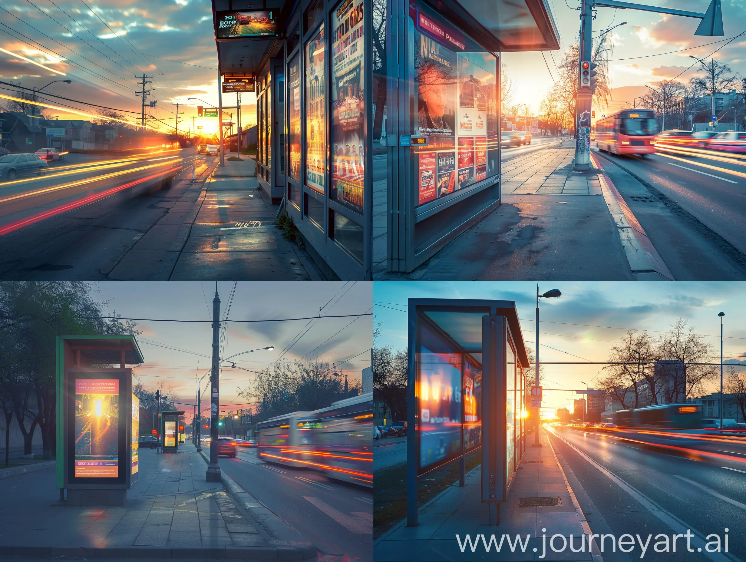 street panel ads in a street cars passing by in the background, long exposure, sunset light, Highly detailed,  high quality